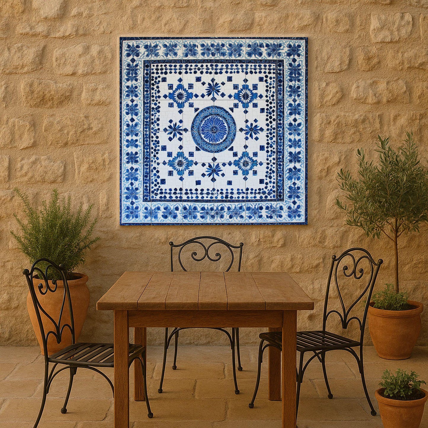 North African ceramic mural: Fez, Tunis, Marrakech, Algiers, Chefchaouen, blue and white tile art with floral and geometric motifs.