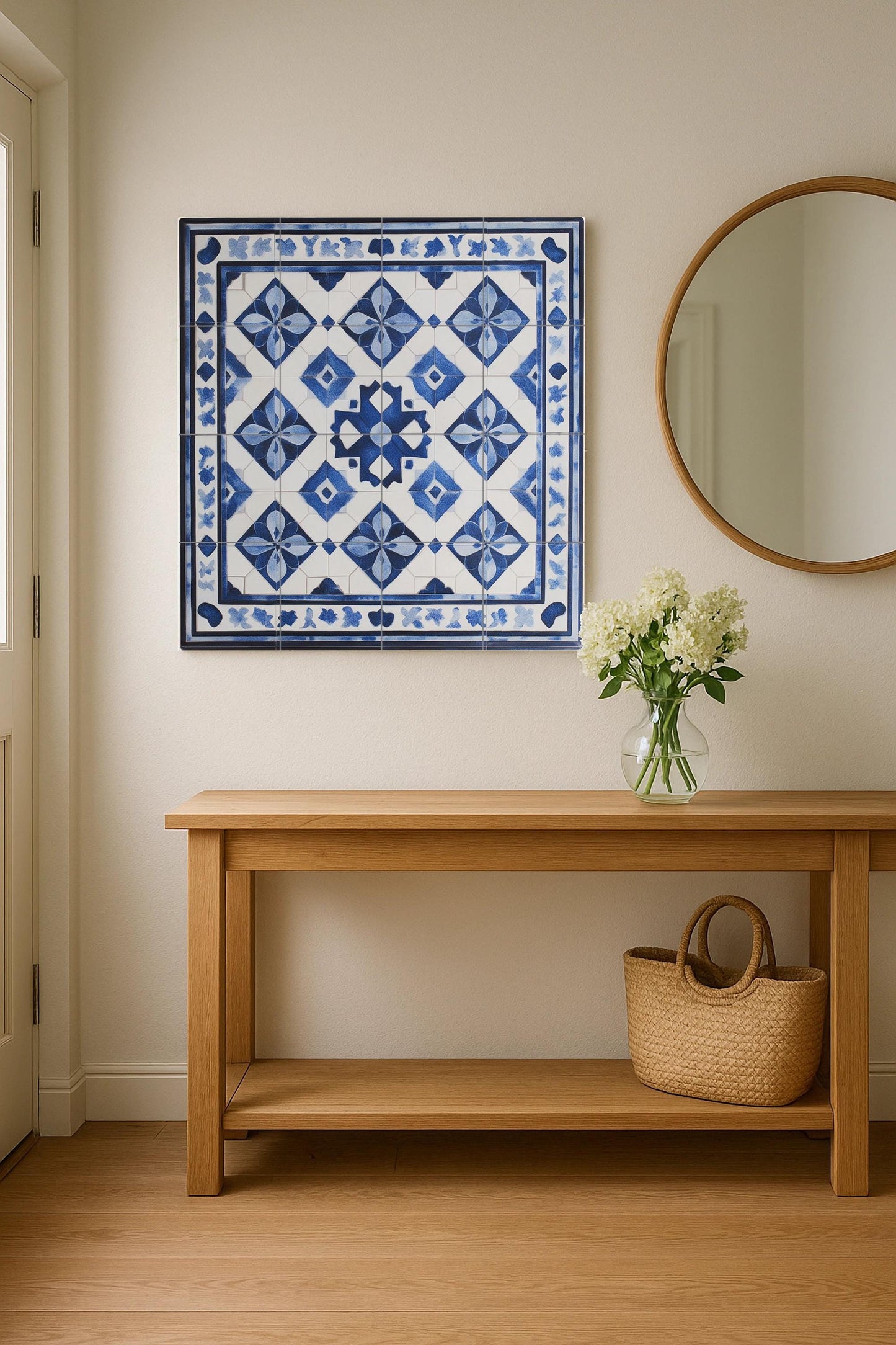 Tunisian ceramic mural: geometric tile art with arabesque border, hand-painted Mediterranean wall panel, handcrafted decoration.