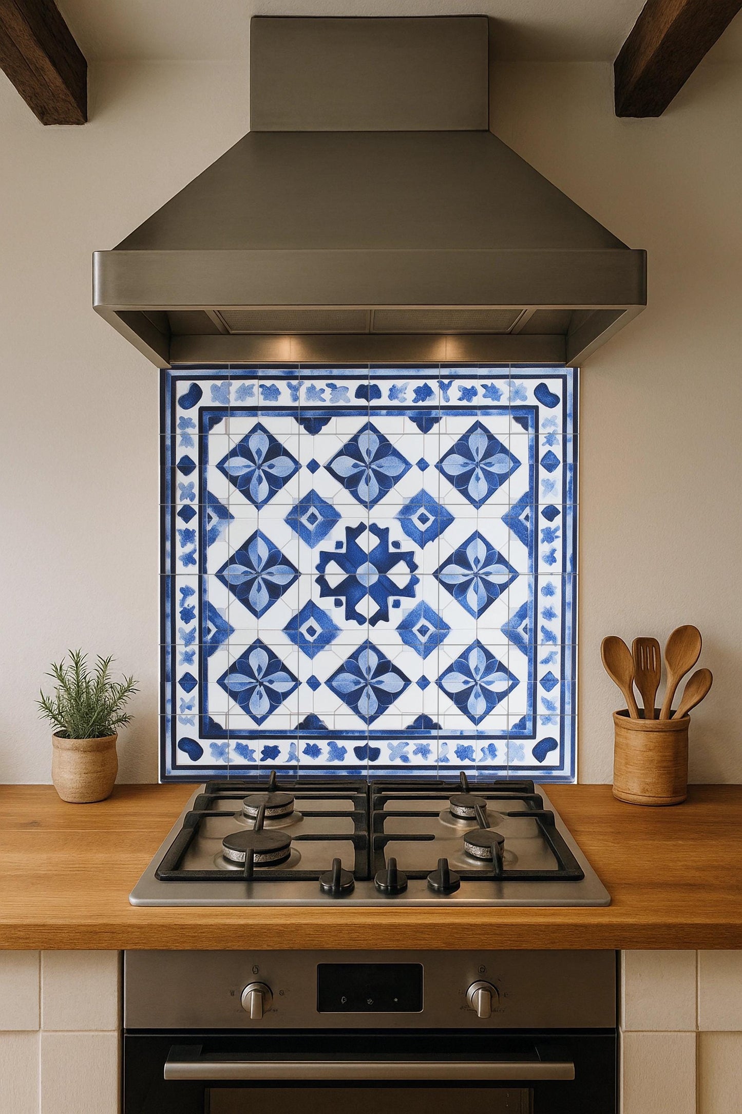 Tunisian ceramic mural: geometric tile art with arabesque border, hand-painted Mediterranean wall panel, handcrafted decoration.