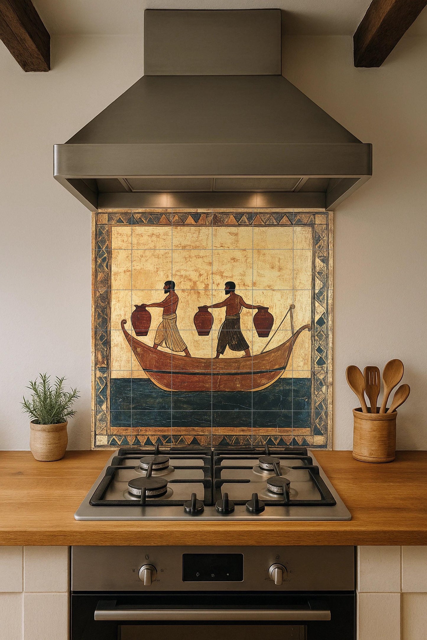 Ancient pot ceramic mural: hand-painted style with geometric borders, historical maritime scene, handcrafted tile artwork.