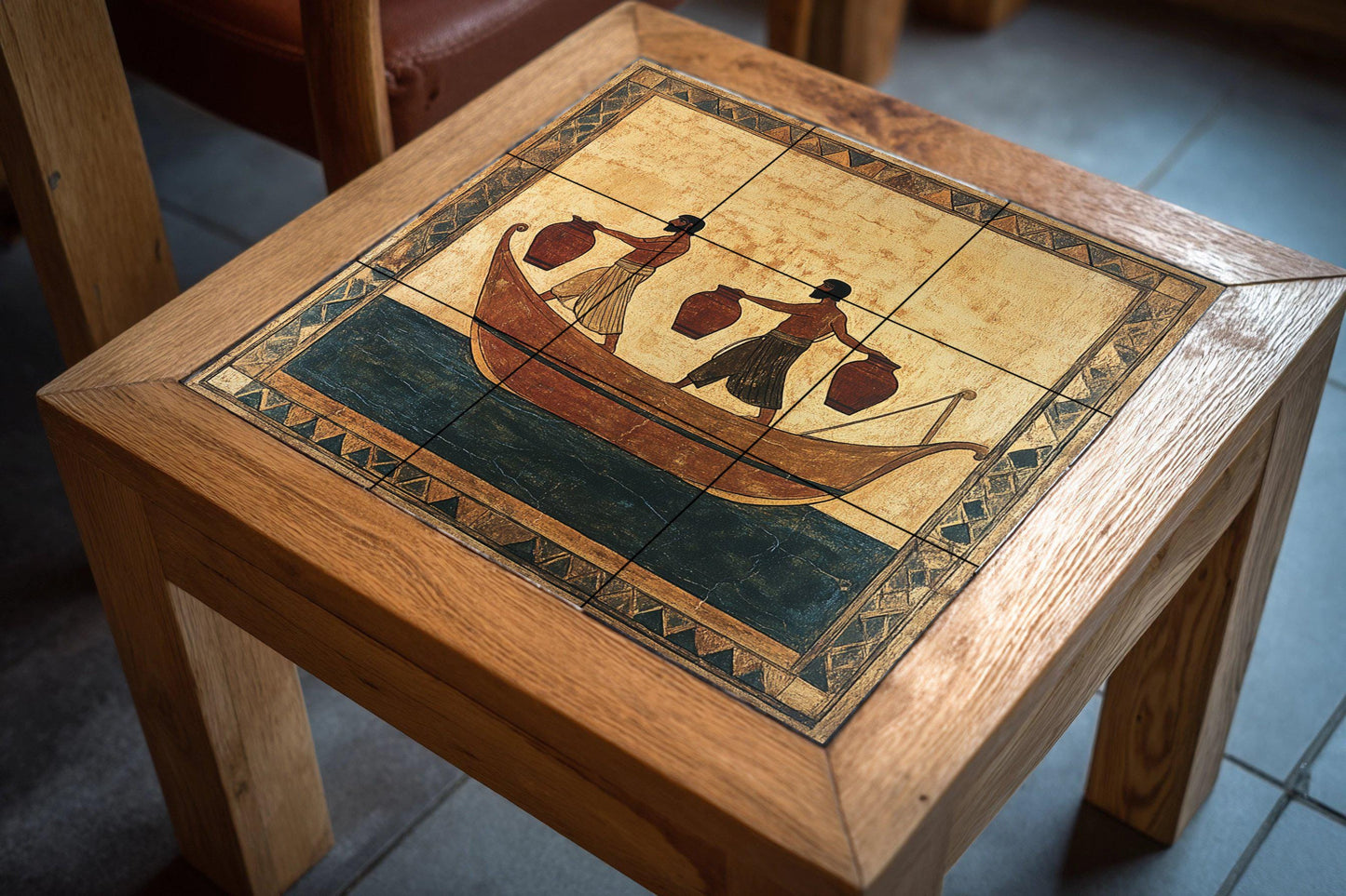 Ancient pot ceramic mural: hand-painted style with geometric borders, historical maritime scene, handcrafted tile artwork.