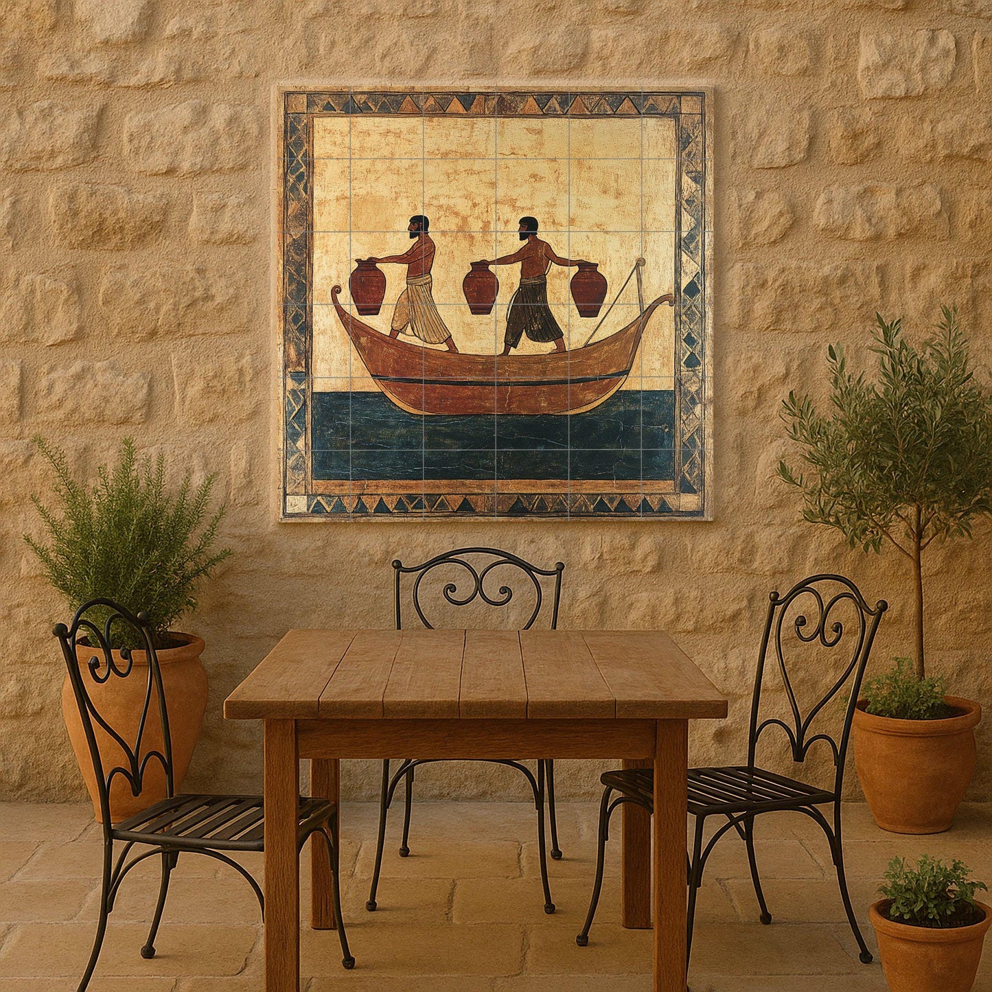 Ancient pot ceramic mural: hand-painted style with geometric borders, historical maritime scene, handcrafted tile artwork.
