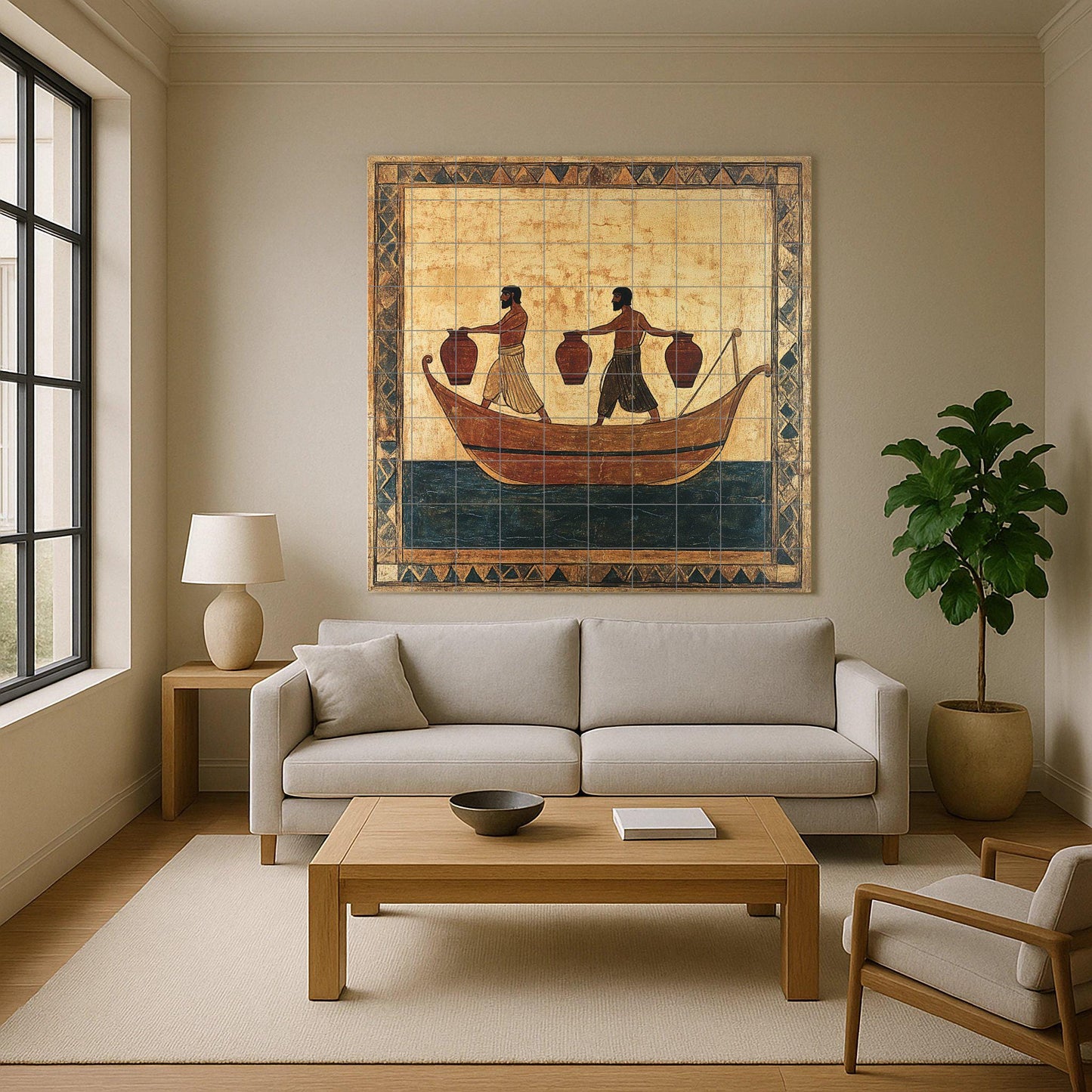 Ancient pot ceramic mural: hand-painted style with geometric borders, historical maritime scene, handcrafted tile artwork.