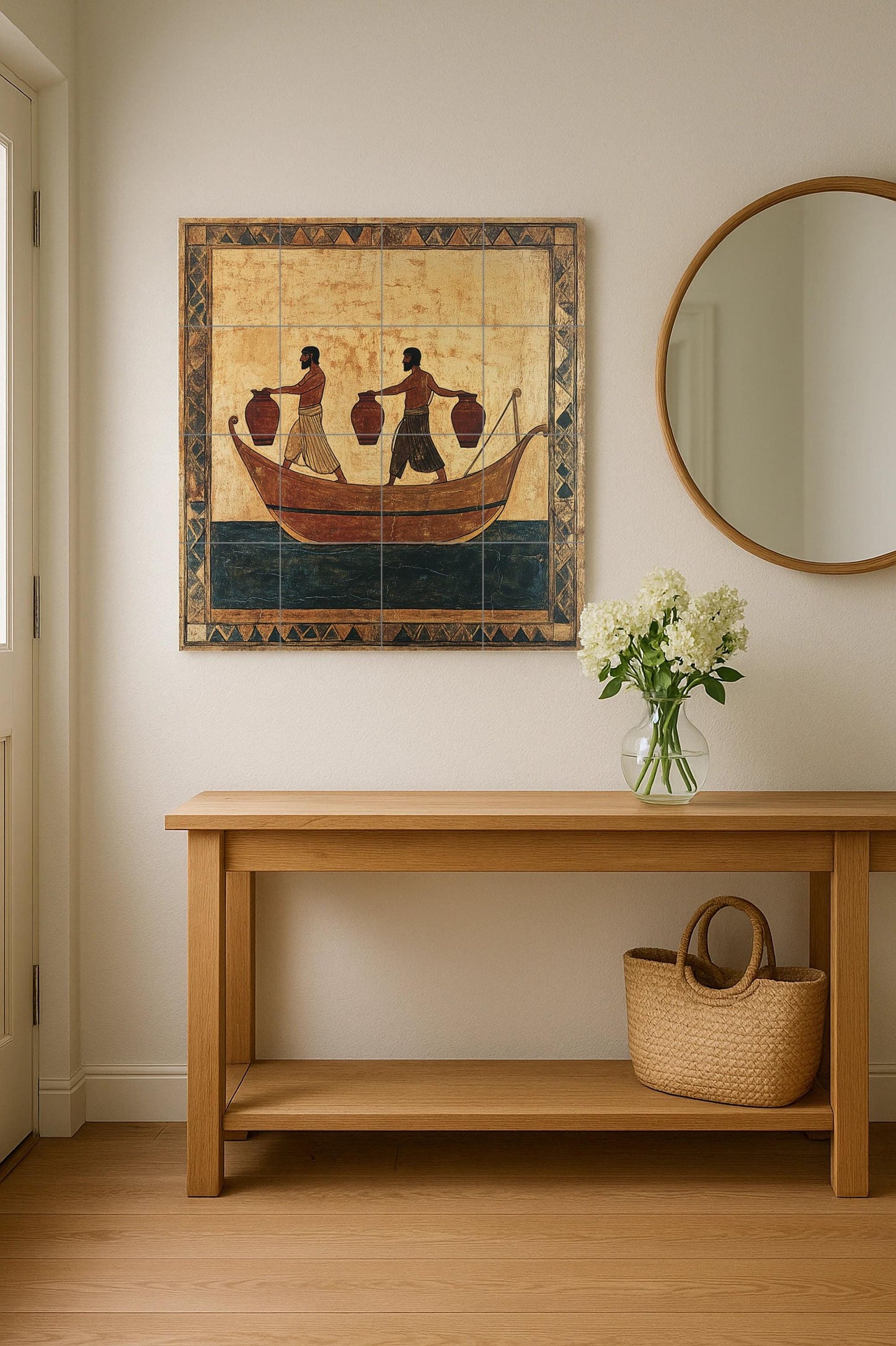 Ancient pot ceramic mural: hand-painted style with geometric borders, historical maritime scene, handcrafted tile artwork.