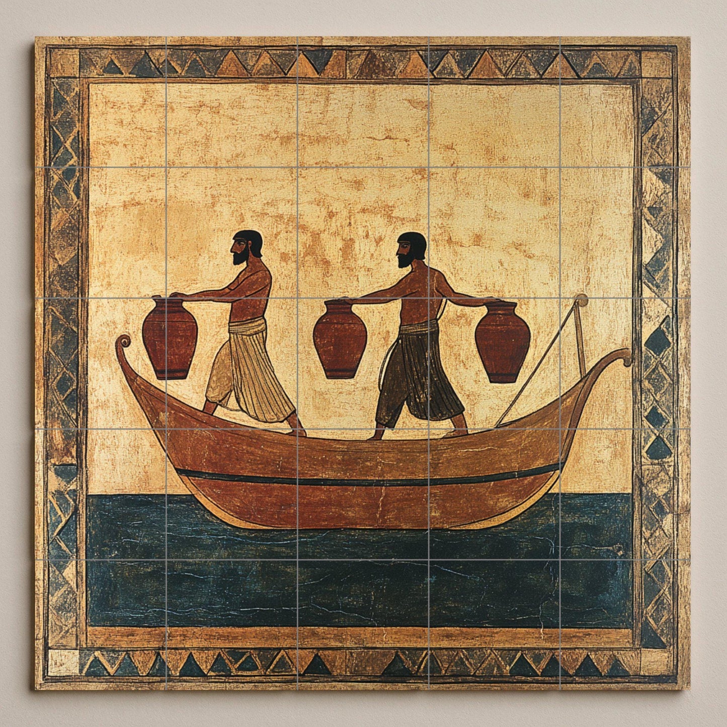 Ancient pot ceramic mural: hand-painted style with geometric borders, historical maritime scene, handcrafted tile artwork.