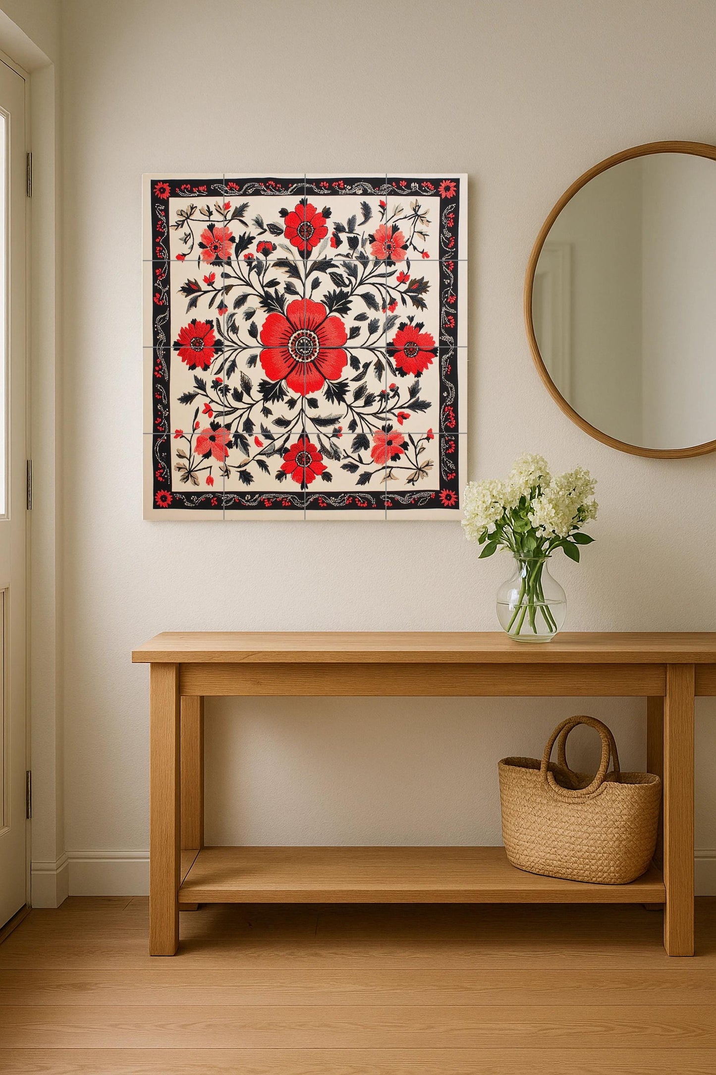 Ceramic mural with Ukrainian embroidery: floral art on red and black tiles with folk stitch border, traditional Slavic heritage mural decoration.