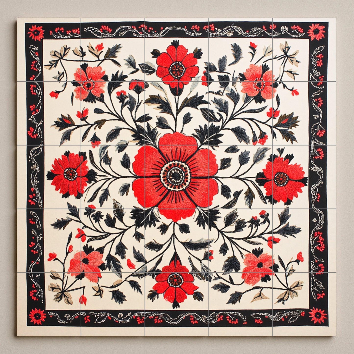 Ceramic mural with Ukrainian embroidery: floral art on red and black tiles with folk stitch border, traditional Slavic heritage mural decoration.