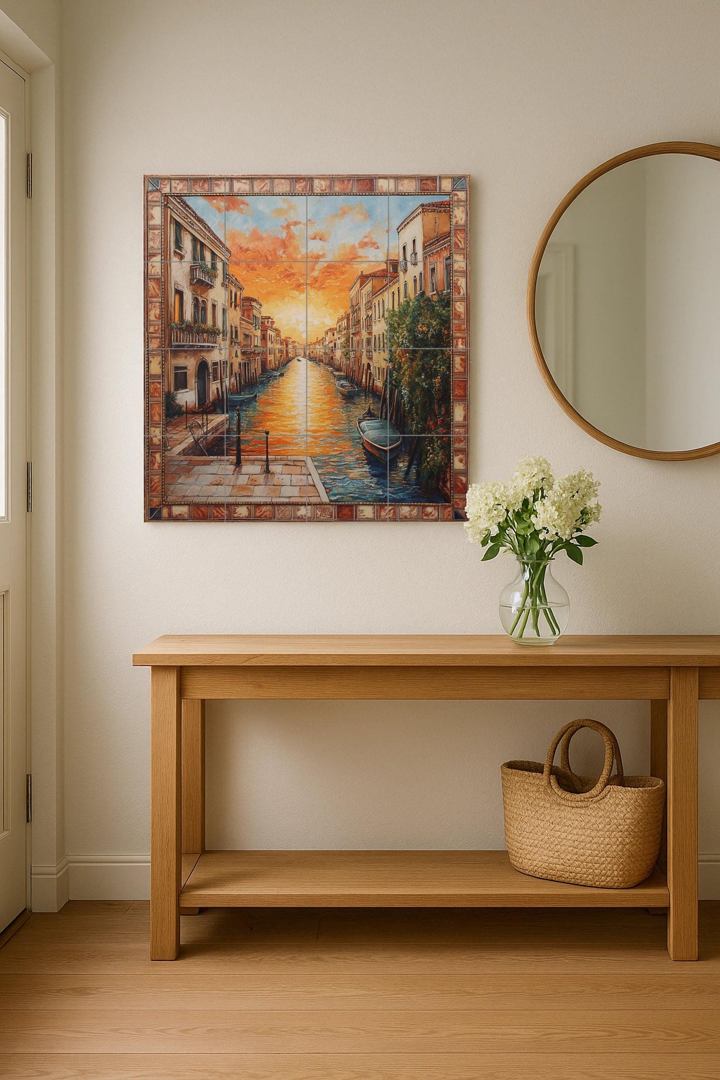 Ceramic mural at sunset on the Aveiro canal: Portuguese mosaic with gondolas, golden sky, historical architecture, decorative and coastal tiles.