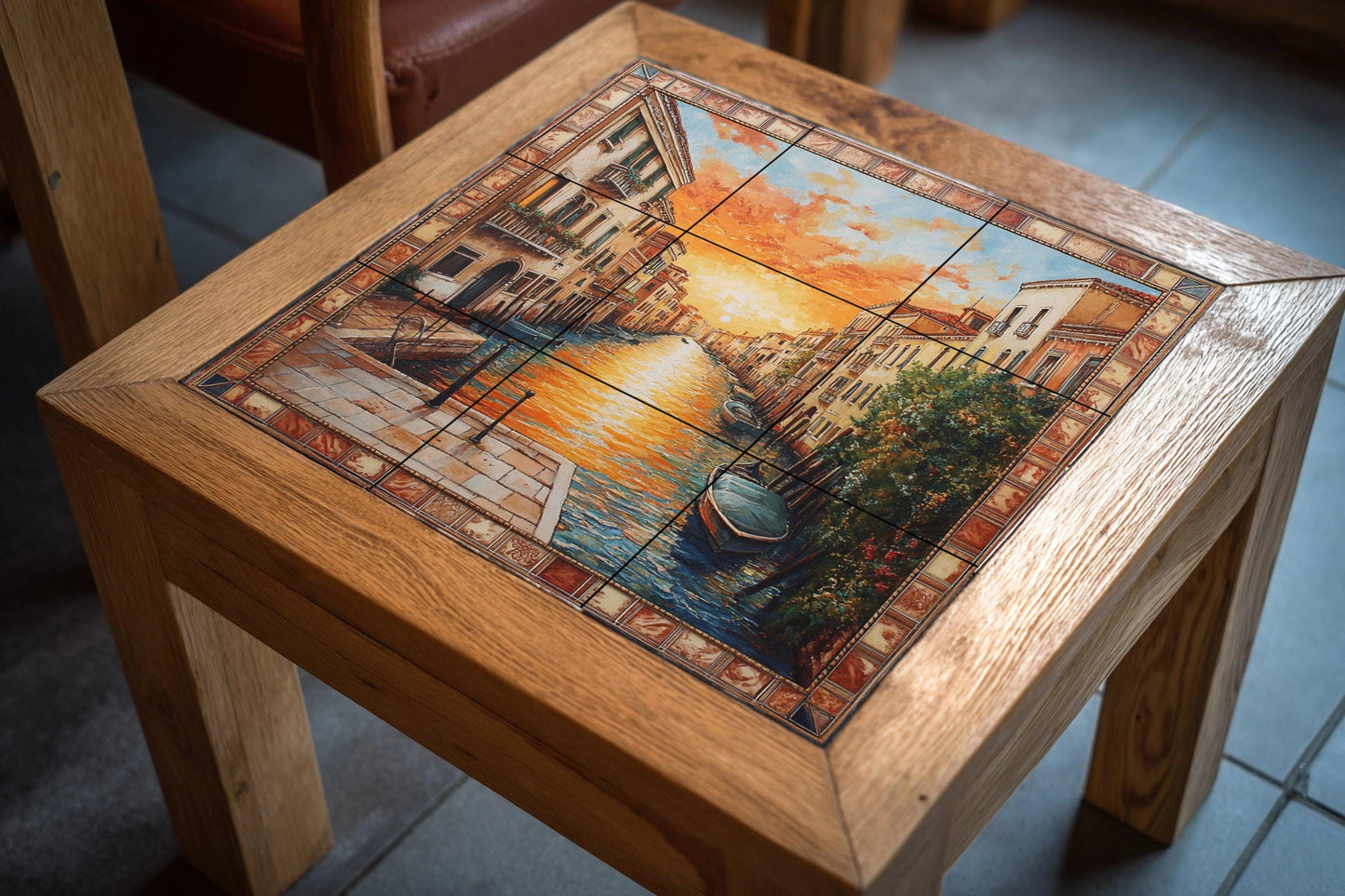 Ceramic mural at sunset on the Aveiro canal: Portuguese mosaic with gondolas, golden sky, historical architecture, decorative and coastal tiles.