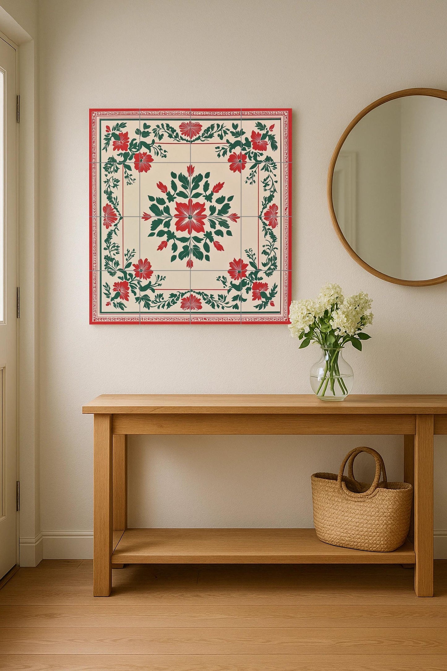 Red and green ceramic mural from Hanoi: Vietnamese folk floral mosaic with decorative symmetry, Ho Chi Minh heritage pattern and tone craftsmanship.