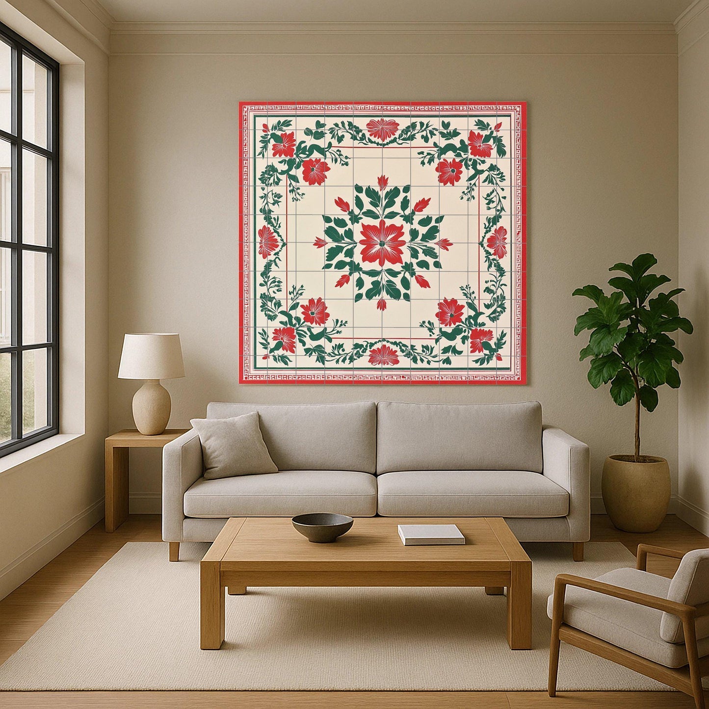 Red and green ceramic mural from Hanoi: Vietnamese folk floral mosaic with decorative symmetry, Ho Chi Minh heritage pattern and tone craftsmanship.