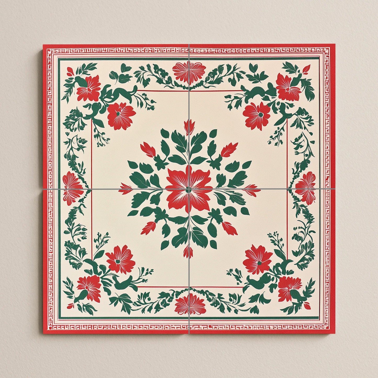 Red and green ceramic mural from Hanoi: Vietnamese folk floral mosaic with decorative symmetry, Ho Chi Minh heritage pattern and tone craftsmanship.