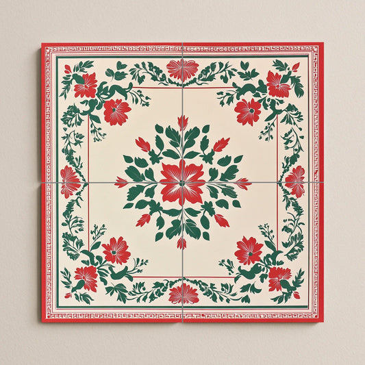 Red and green ceramic mural from Hanoi: Vietnamese folk floral mosaic with decorative symmetry, Ho Chi Minh heritage pattern and tone craftsmanship.