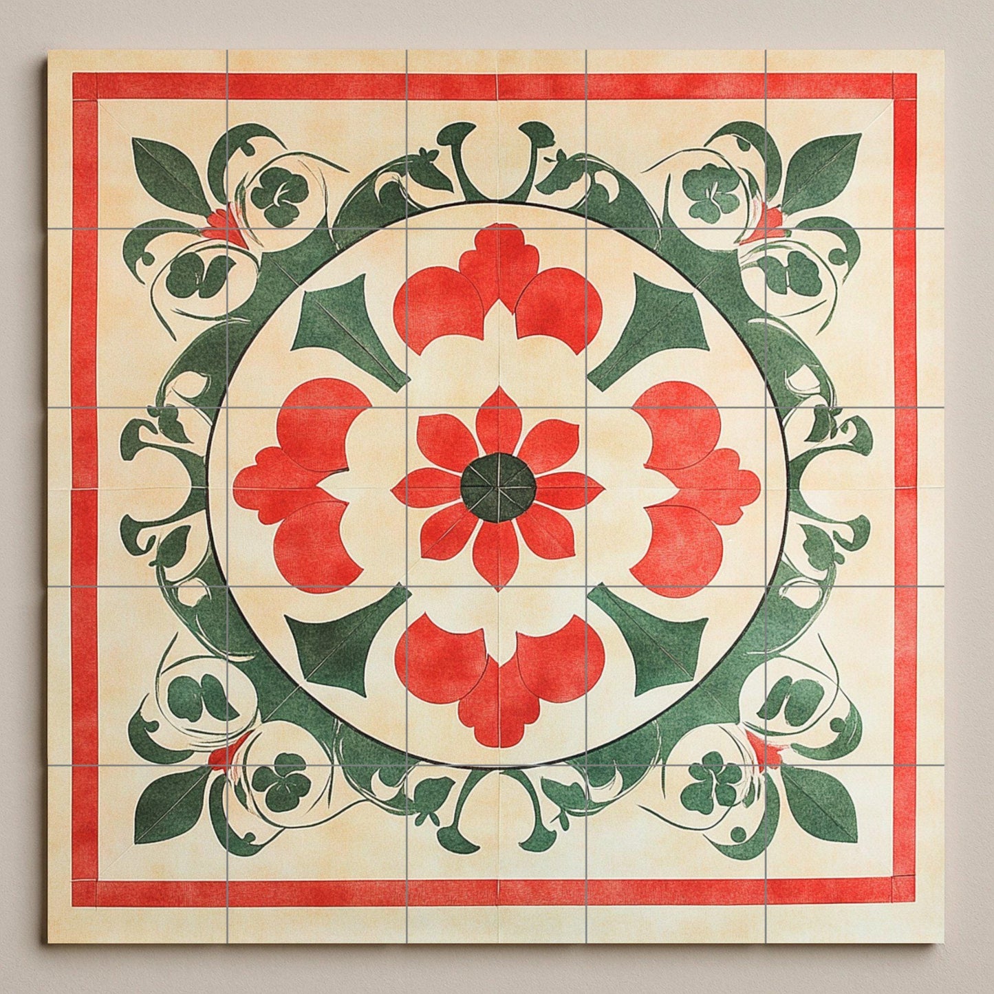 Vietnamese geometric ceramic mural: mosaic of folk ornaments with red and green symmetry, circular floral medallion, artwork with traditional tiles.