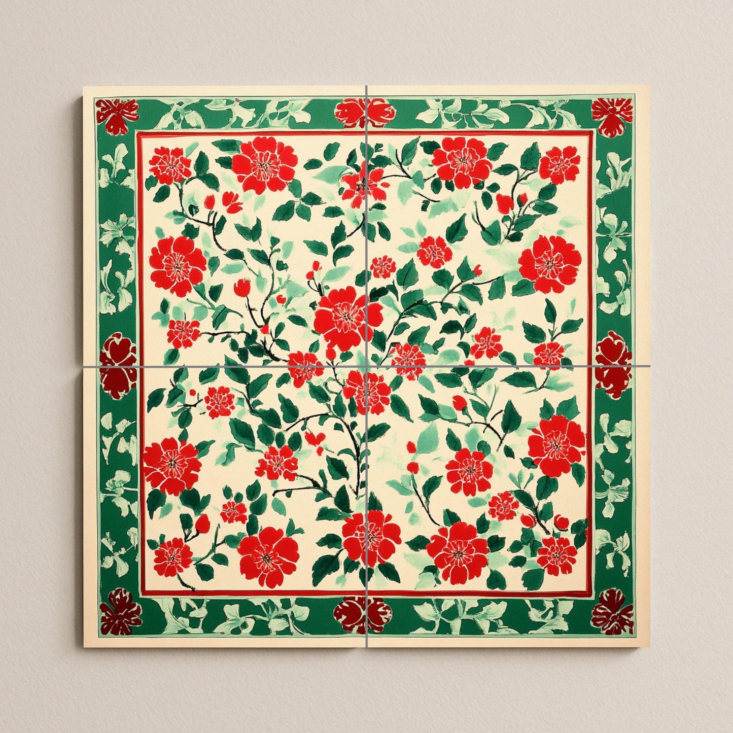 Vietnamese ceramic mural Dong Ho: mosaic with popular block print, red floral motifs, green decorative border and tile with design inspired by rice paper.
