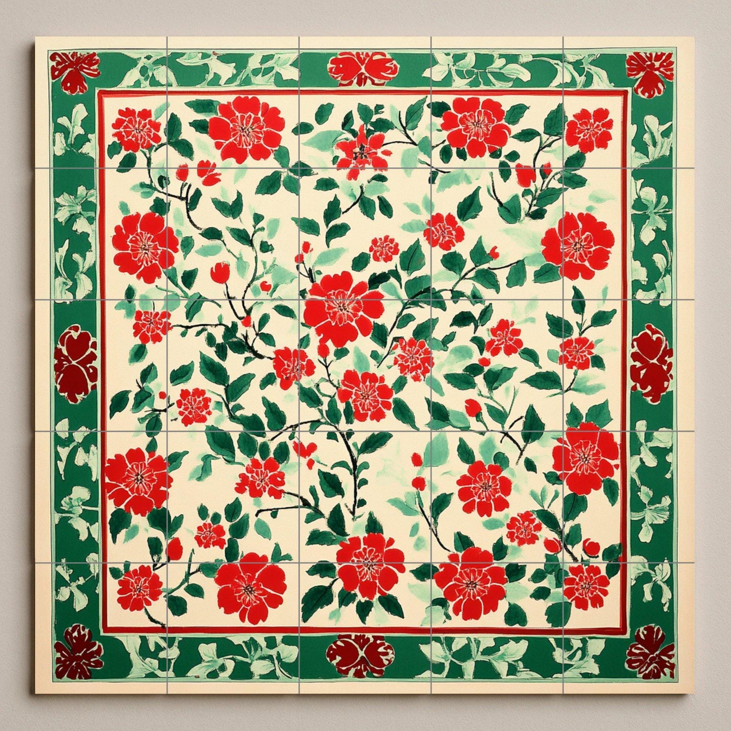 Vietnamese ceramic mural Dong Ho: mosaic with popular block print, red floral motifs, green decorative border and tile with design inspired by rice paper.