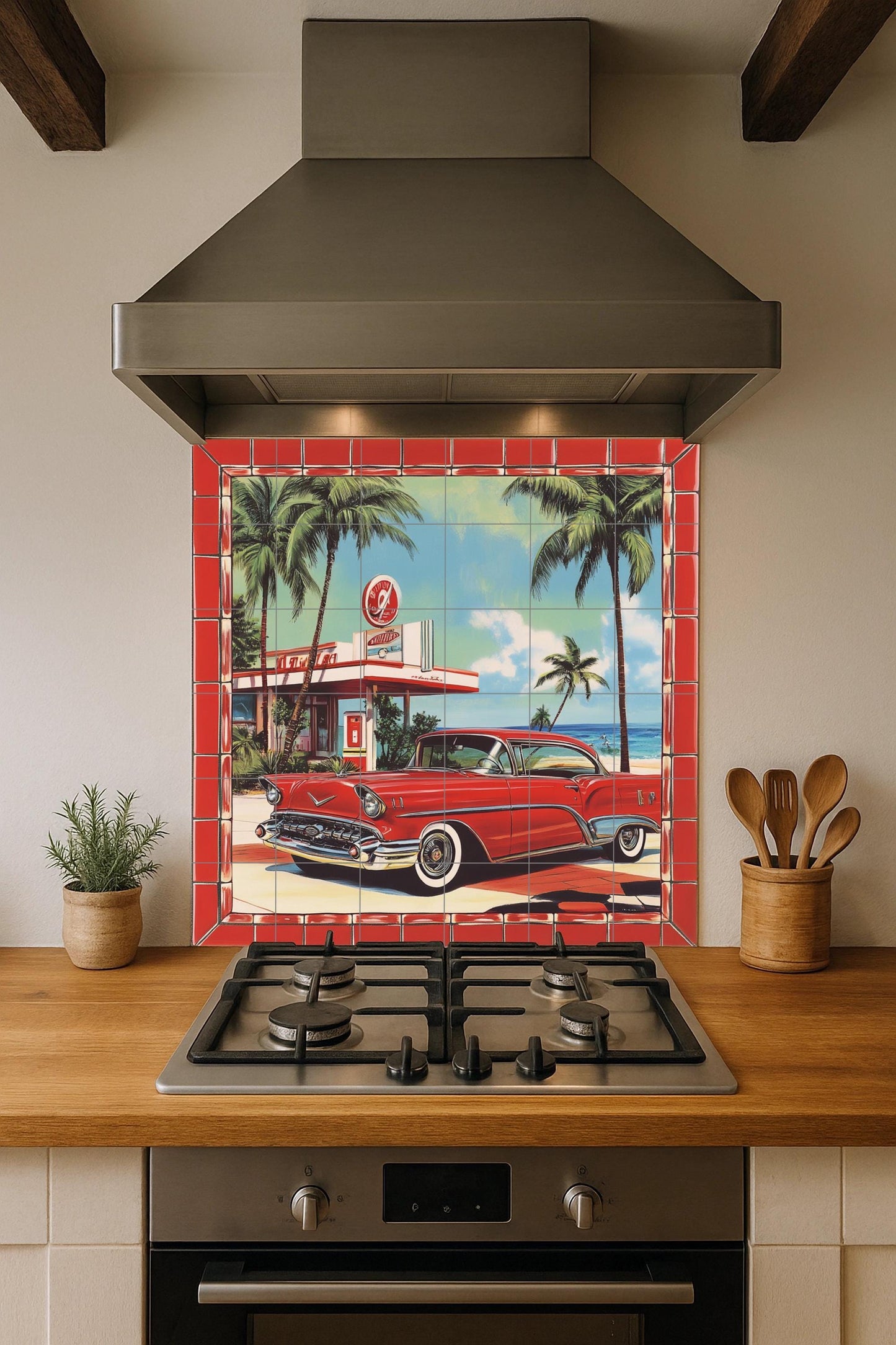 Retro car ceramic mural: classic red car mosaic with old gas station, palm trees, Ocean Drive and nostalgic artwork from the American era.