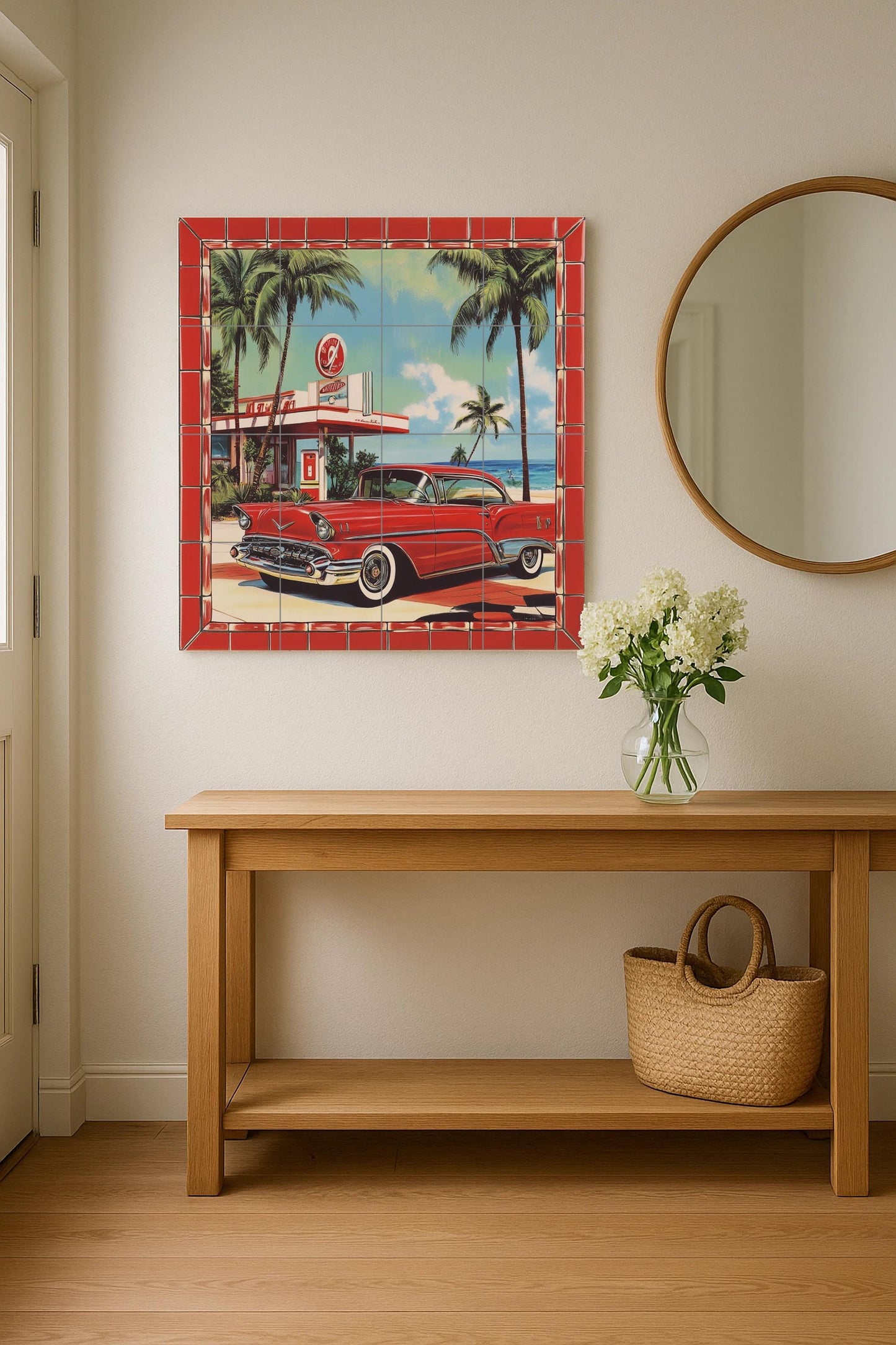 Retro car ceramic mural: classic red car mosaic with old gas station, palm trees, Ocean Drive and nostalgic artwork from the American era.