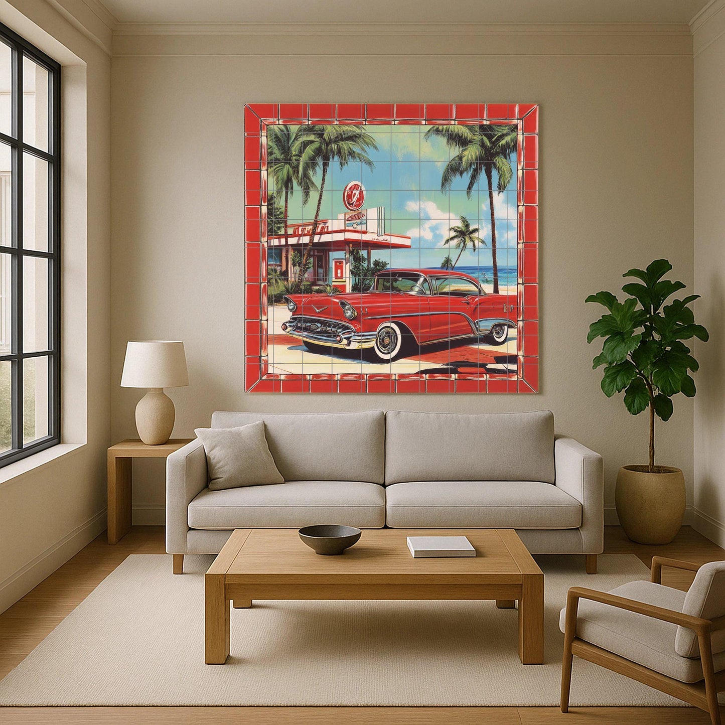 Retro car ceramic mural: classic red car mosaic with old gas station, palm trees, Ocean Drive and nostalgic artwork from the American era.