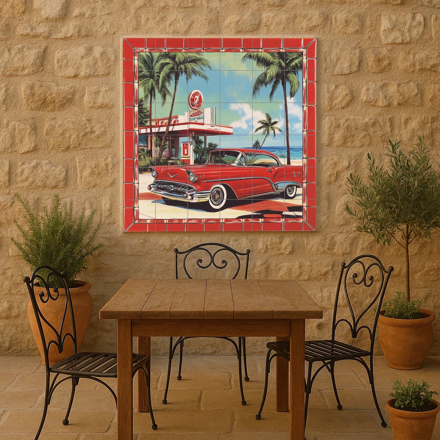 Retro car ceramic mural: classic red car mosaic with old gas station, palm trees, Ocean Drive and nostalgic artwork from the American era.