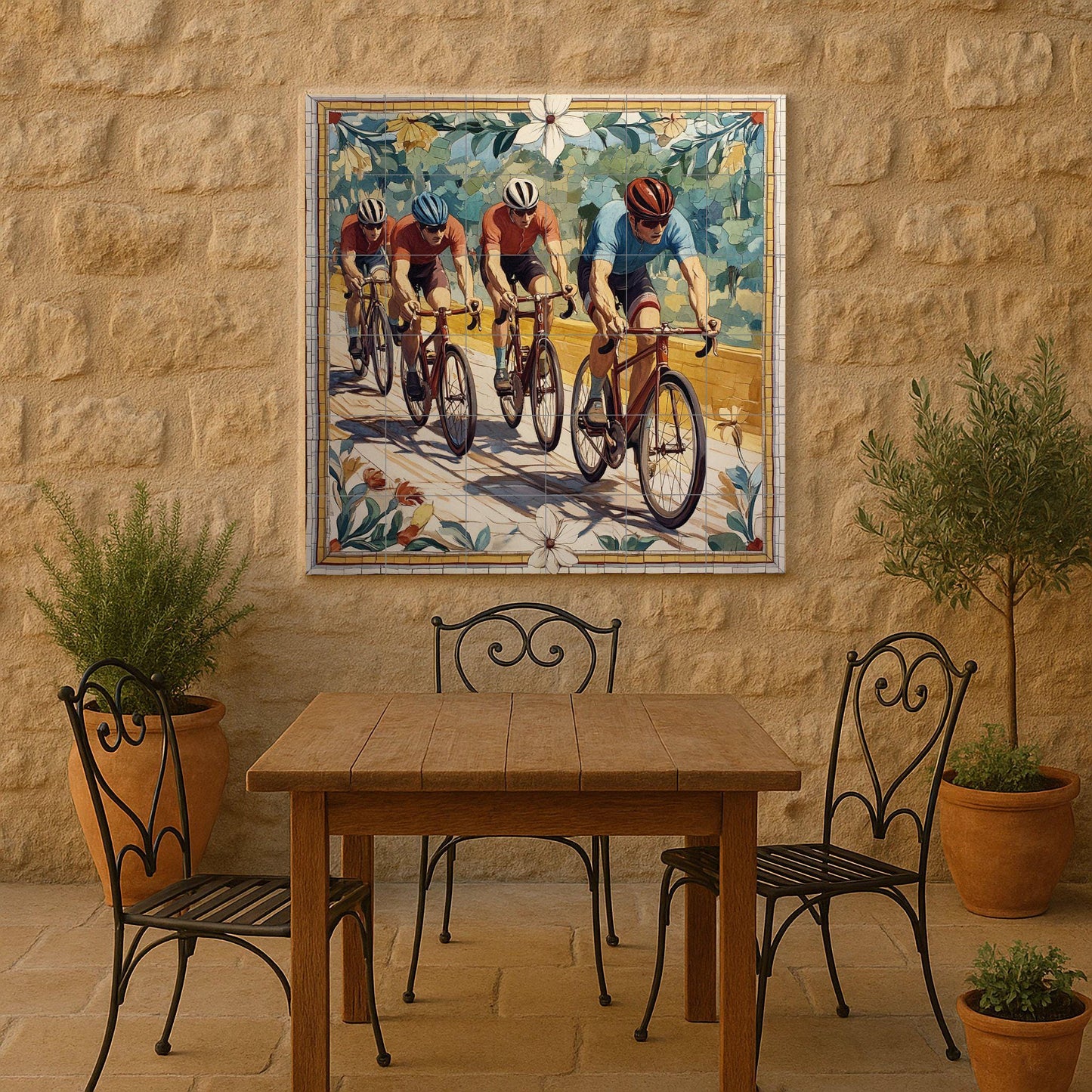 Ceramic mural of a cycling team: dynamic mosaic with racing cyclists, athletic energy, sports artwork, floral border and vibrant tile composition.