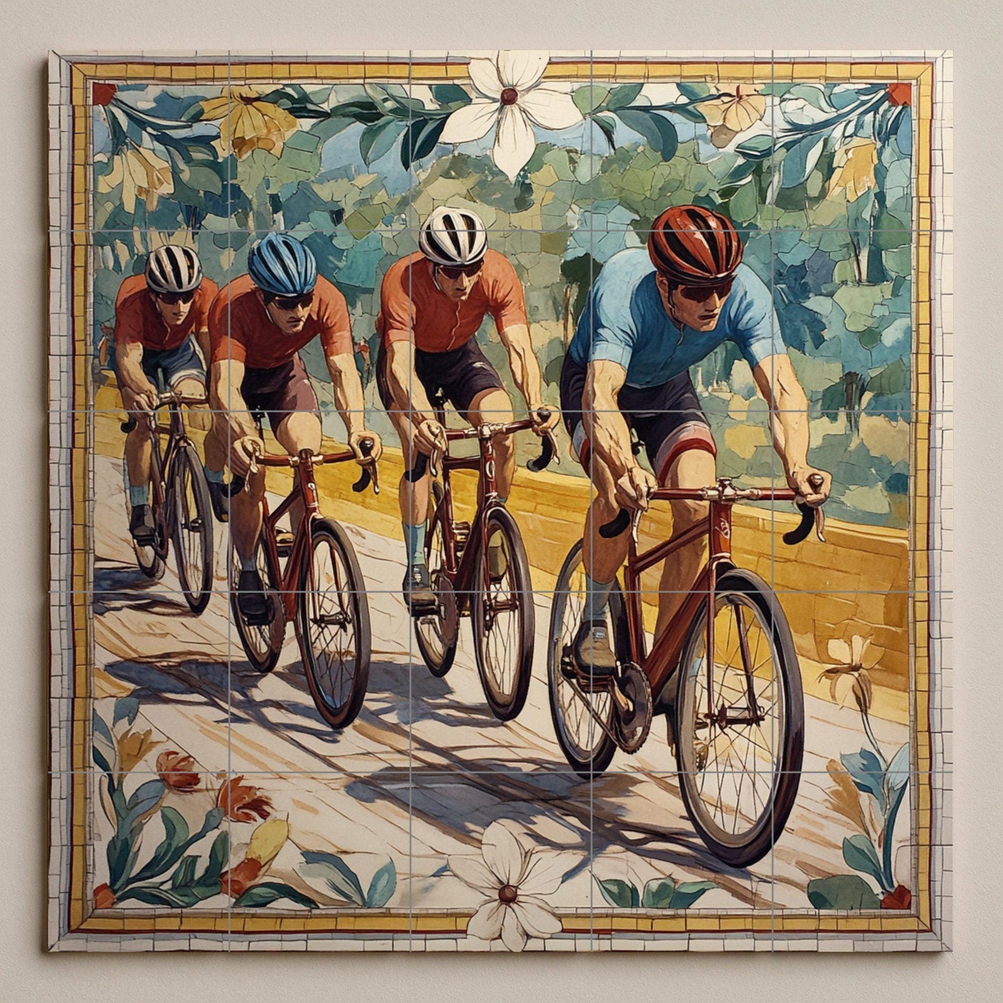 Ceramic mural of a cycling team: dynamic mosaic with racing cyclists, athletic energy, sports artwork, floral border and vibrant tile composition.
