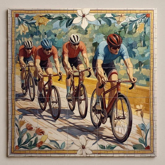 Ceramic mural of a cycling team: dynamic mosaic with racing cyclists, athletic energy, sports artwork, floral border and vibrant tile composition.