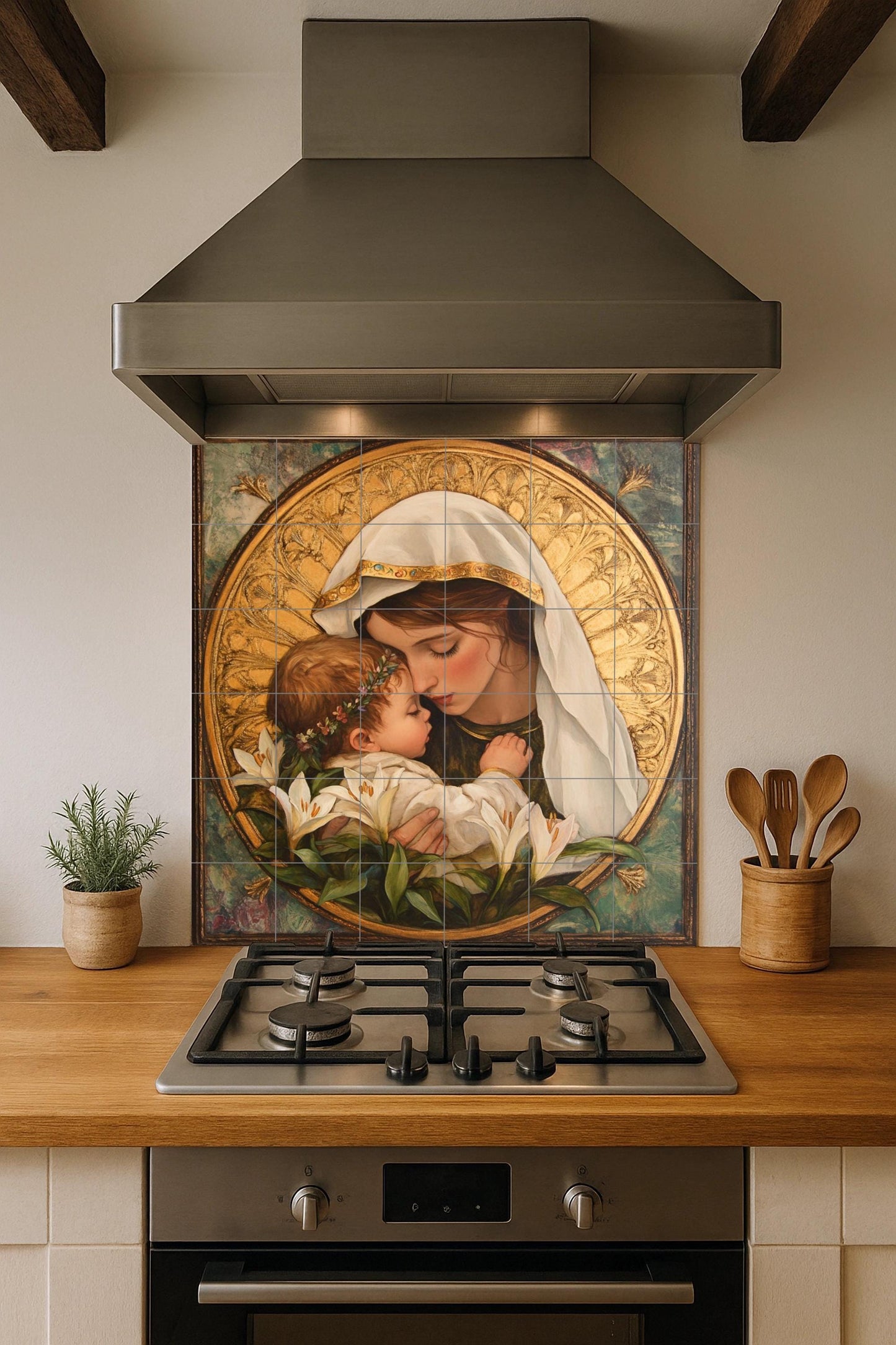 Marian ceramic mural: mosaic of the Virgin and Child with golden halo, white lilies, sacred symbolism, Christian iconography and religious tile.