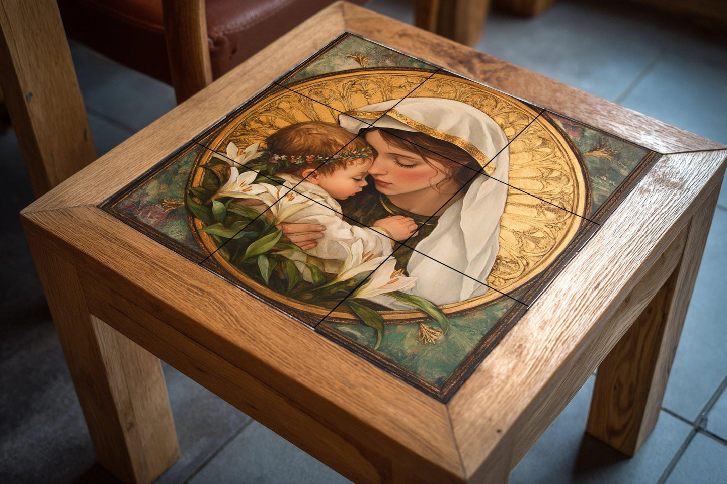 Marian ceramic mural: mosaic of the Virgin and Child with golden halo, white lilies, sacred symbolism, Christian iconography and religious tile.