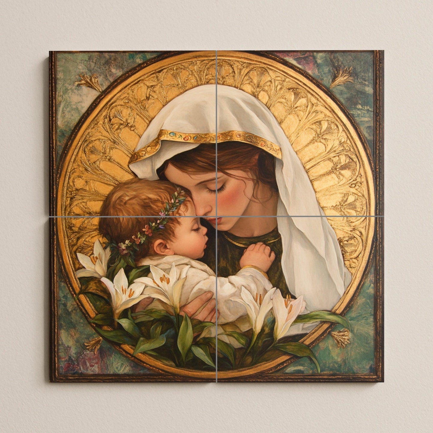 Marian ceramic mural: mosaic of the Virgin and Child with golden halo, white lilies, sacred symbolism, Christian iconography and religious tile.