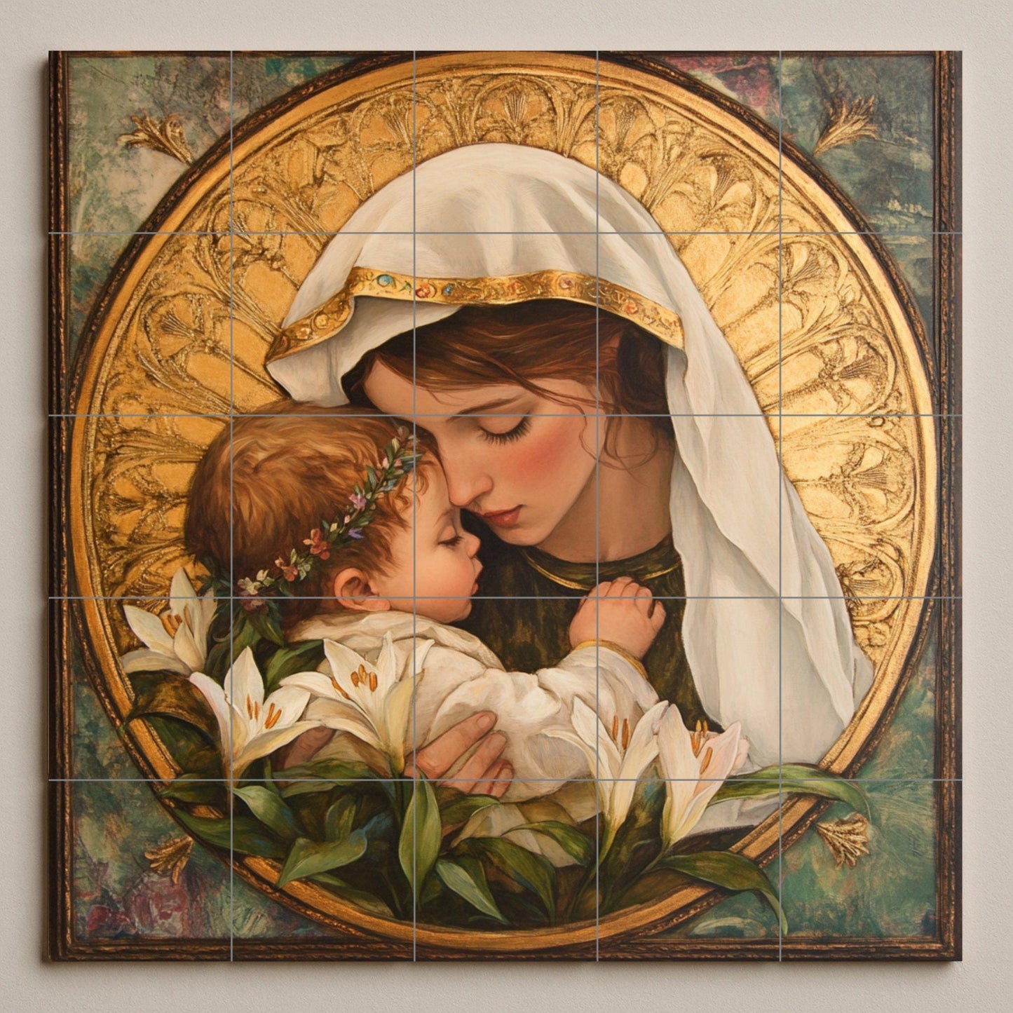 Marian ceramic mural: mosaic of the Virgin and Child with golden halo, white lilies, sacred symbolism, Christian iconography and religious tile.
