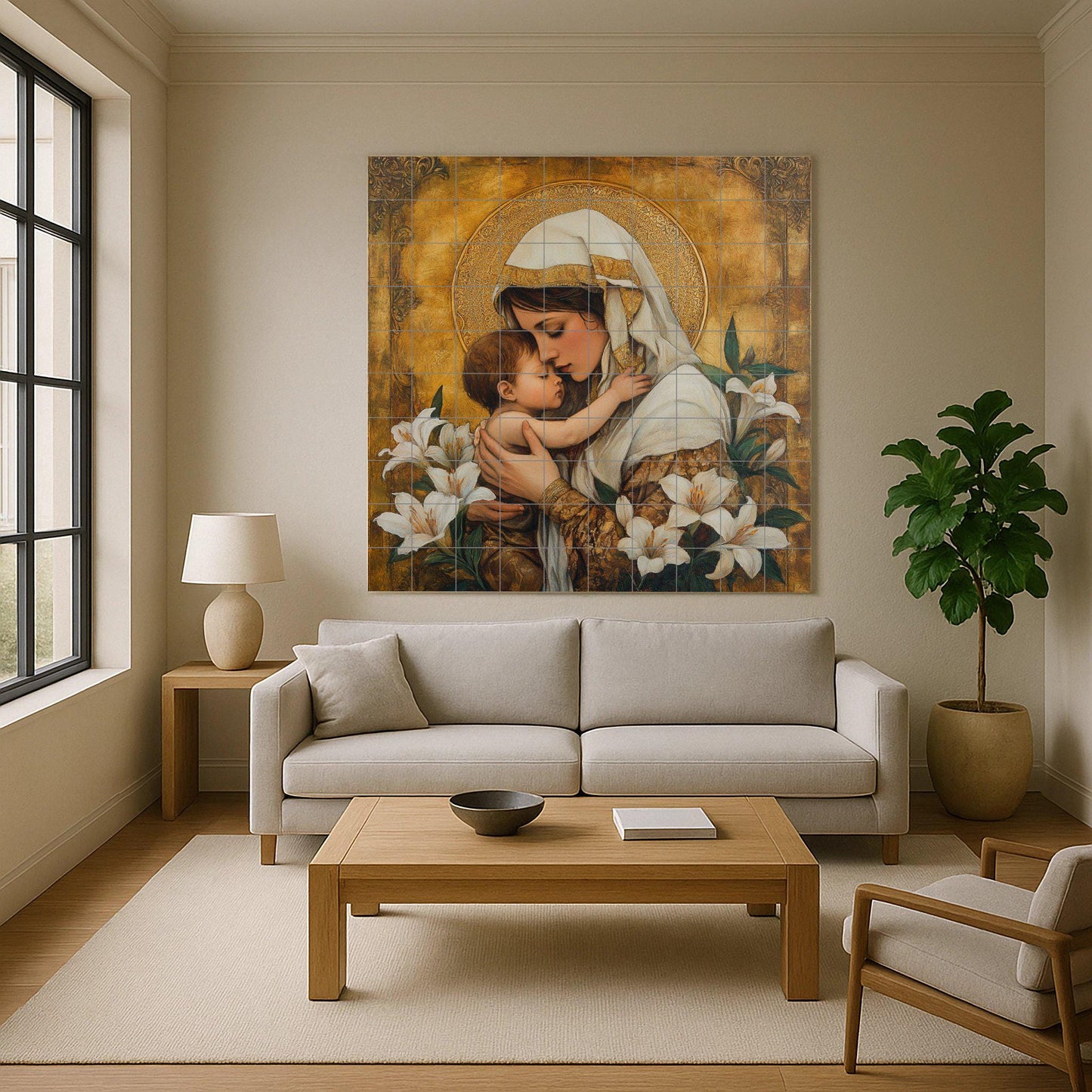 Ceramic mural of the Holy Mother and Child: golden mosaic with embrace, white lilies and ornamental halo, devotional art and timeless religious tile.