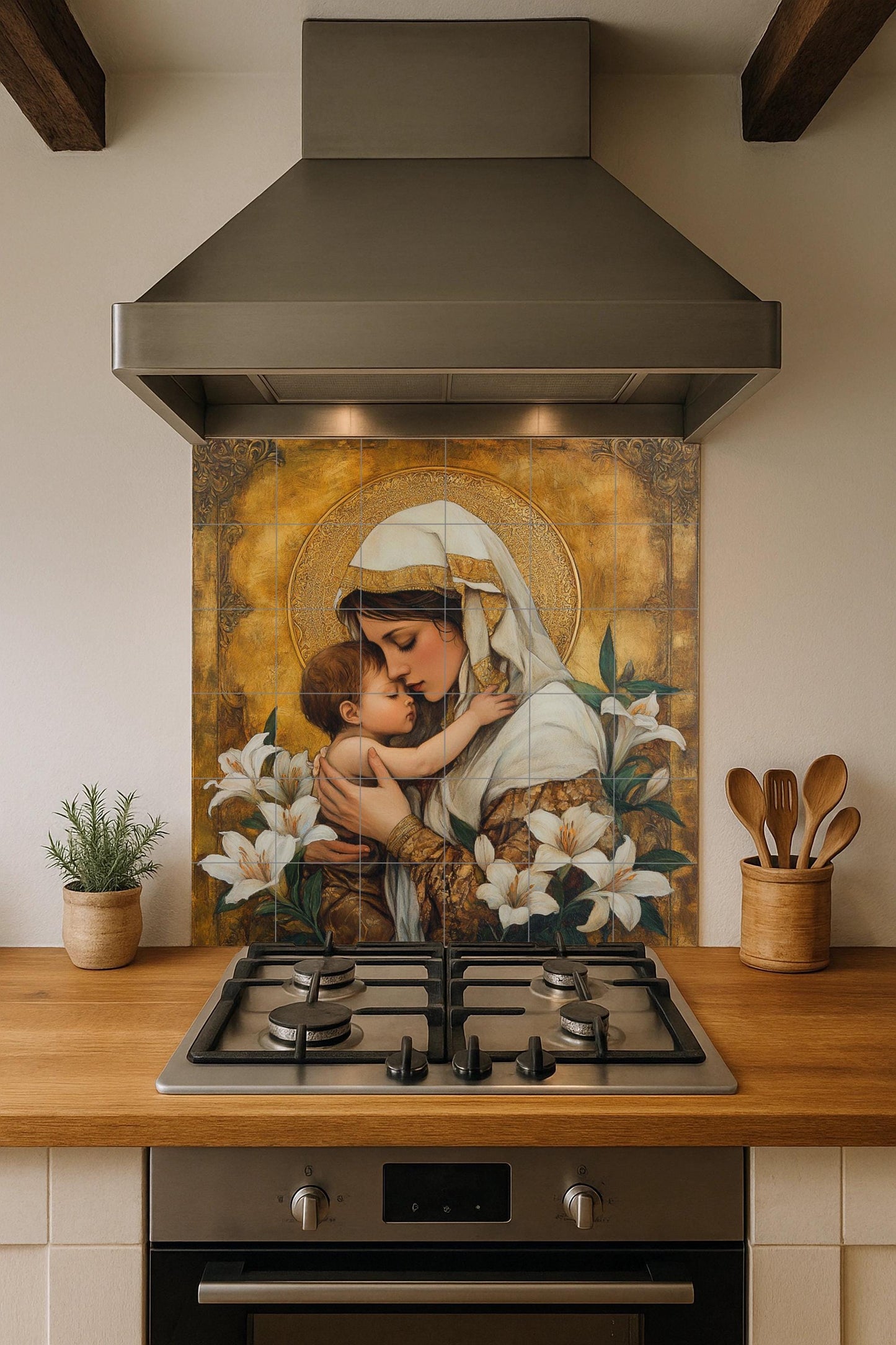 Ceramic mural of the Holy Mother and Child: golden mosaic with embrace, white lilies and ornamental halo, devotional art and timeless religious tile.