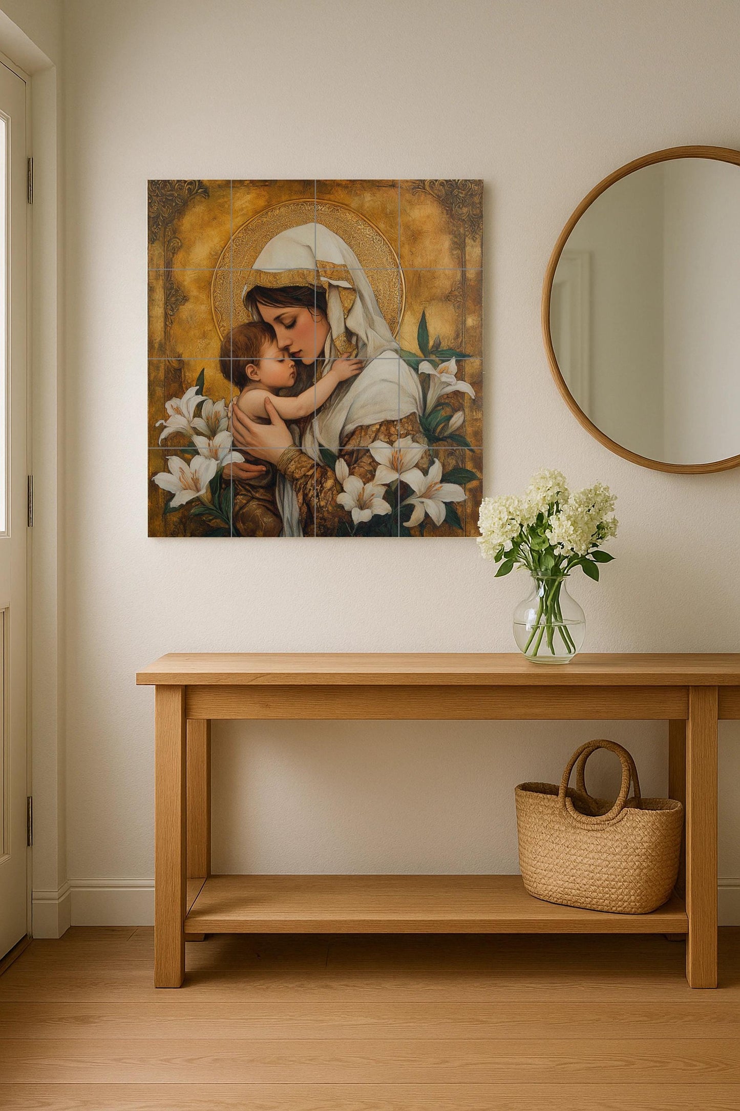 Ceramic mural of the Holy Mother and Child: golden mosaic with embrace, white lilies and ornamental halo, devotional art and timeless religious tile.