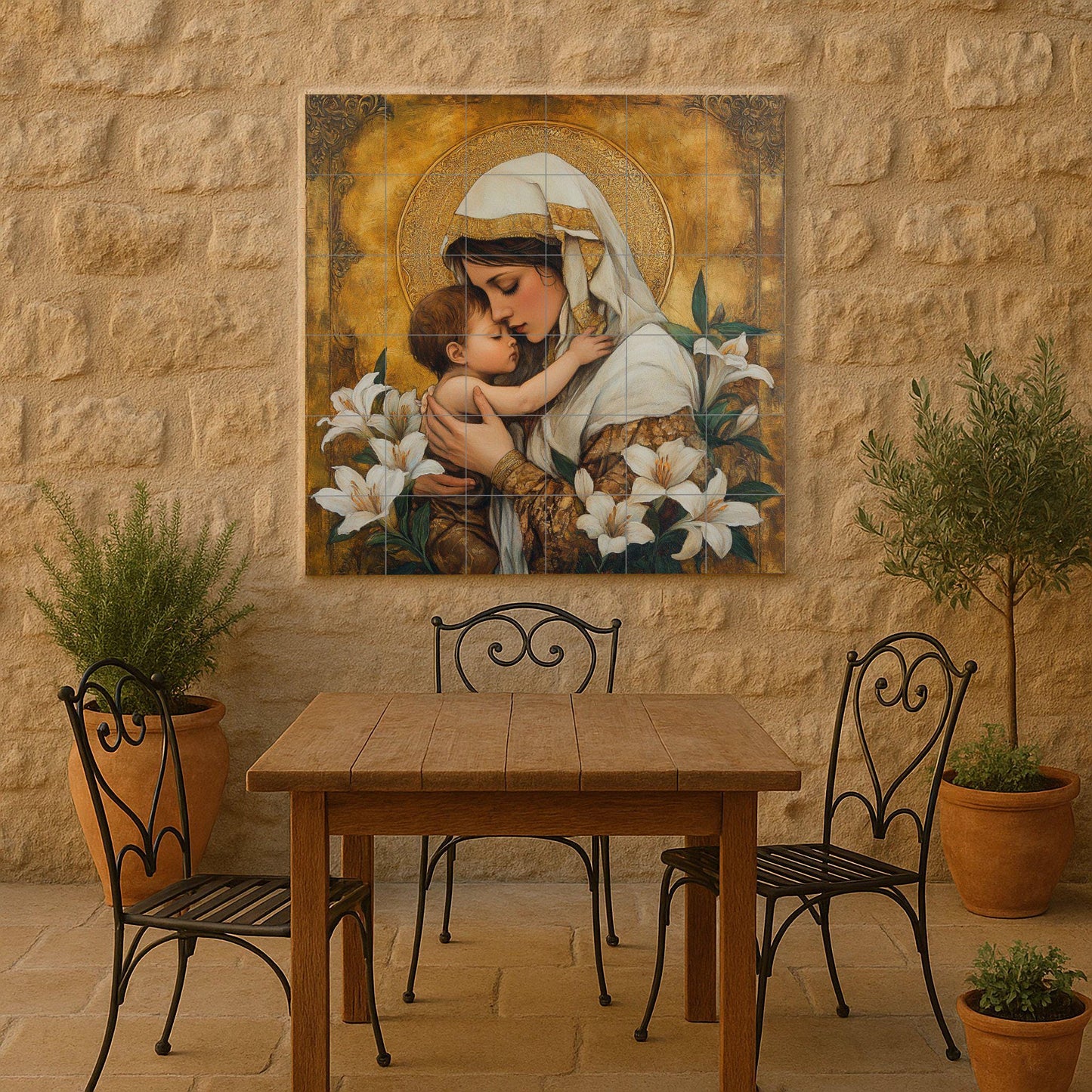 Ceramic mural of the Holy Mother and Child: golden mosaic with embrace, white lilies and ornamental halo, devotional art and timeless religious tile.