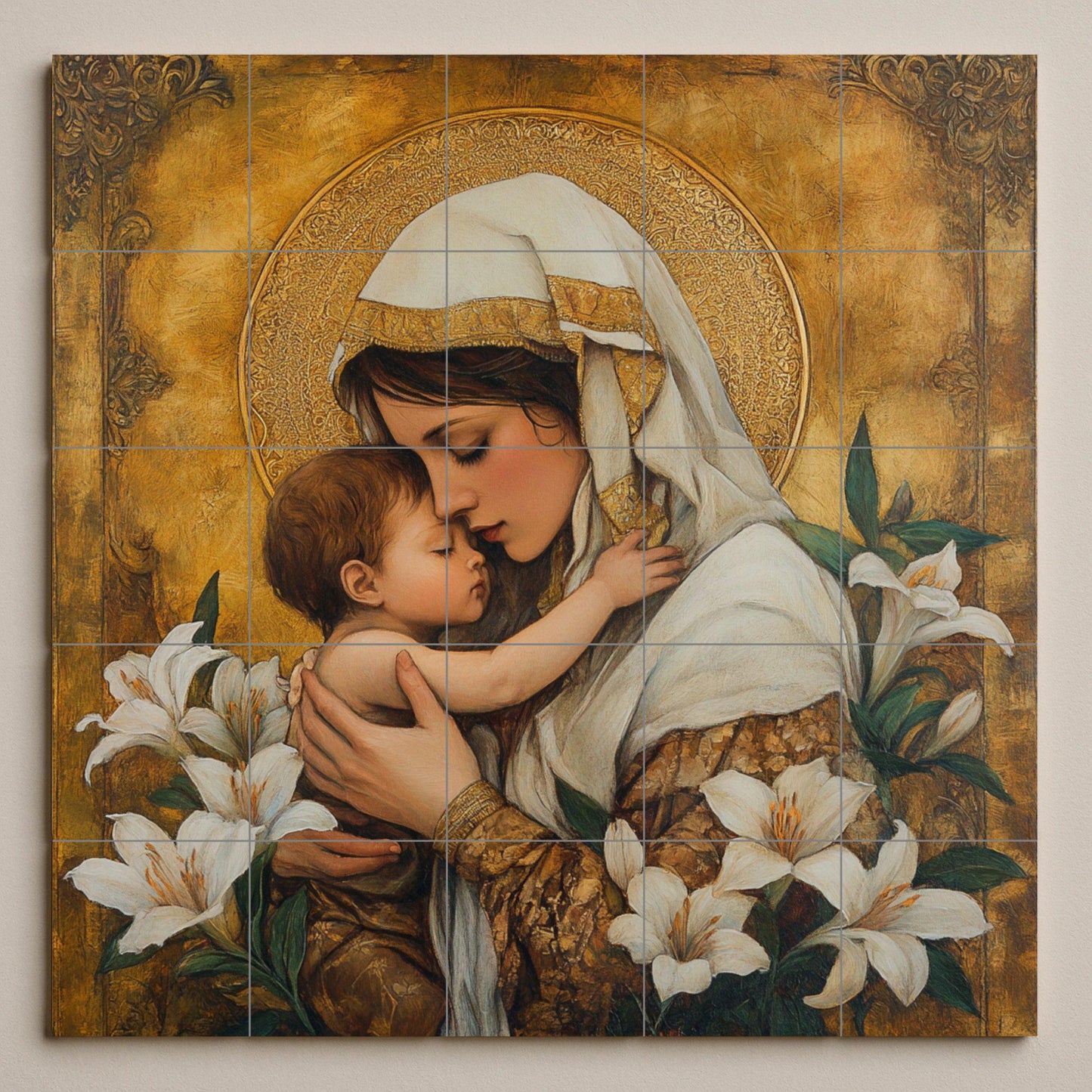 Ceramic mural of the Holy Mother and Child: golden mosaic with embrace, white lilies and ornamental halo, devotional art and timeless religious tile.