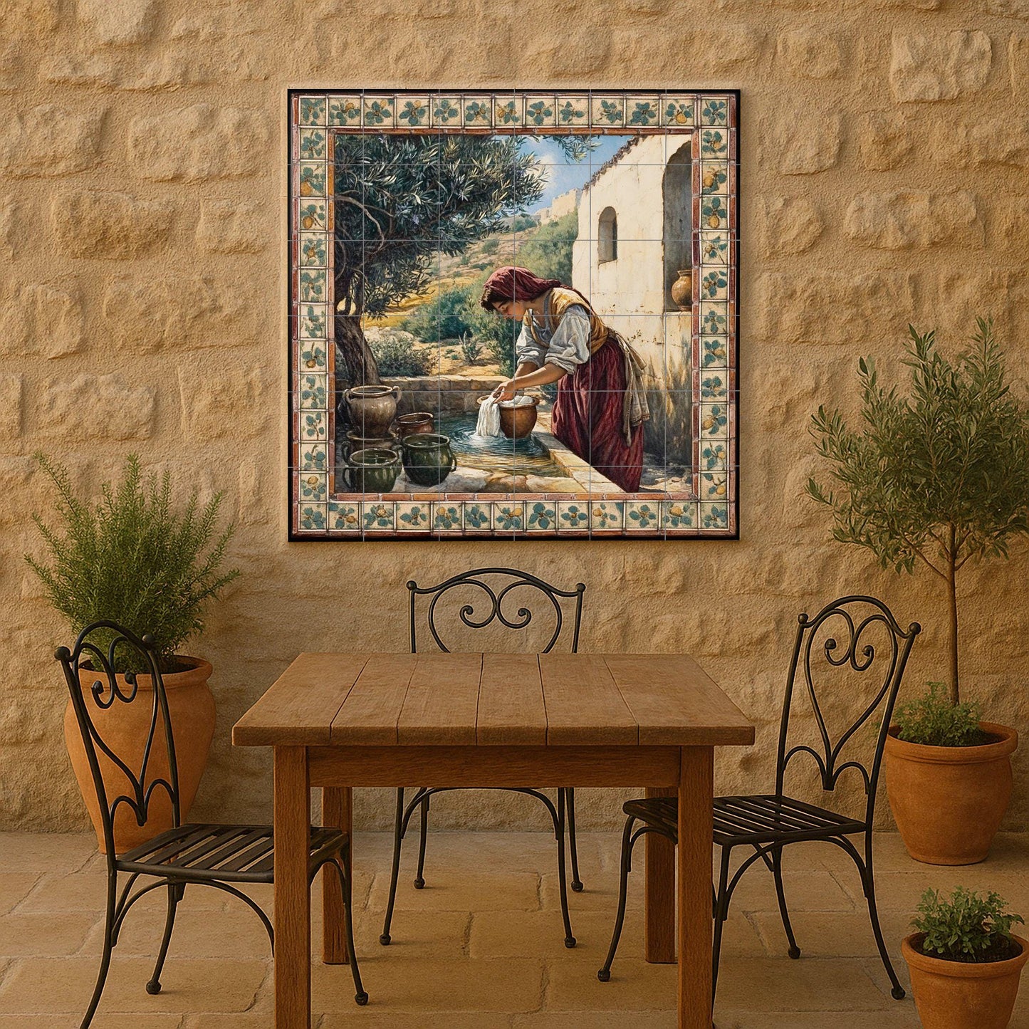 Rustic ceramic mural next to a well: country mosaic with a woman washing a cloth, an olive tree, clay pots, a stone wall and a work of art with pastoral-style tiles.