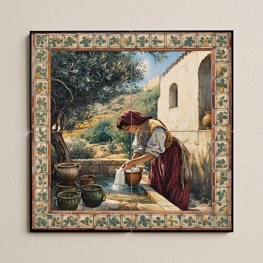 Rustic ceramic mural next to a well: country mosaic with a woman washing a cloth, an olive tree, clay pots, a stone wall and a work of art with pastoral-style tiles.