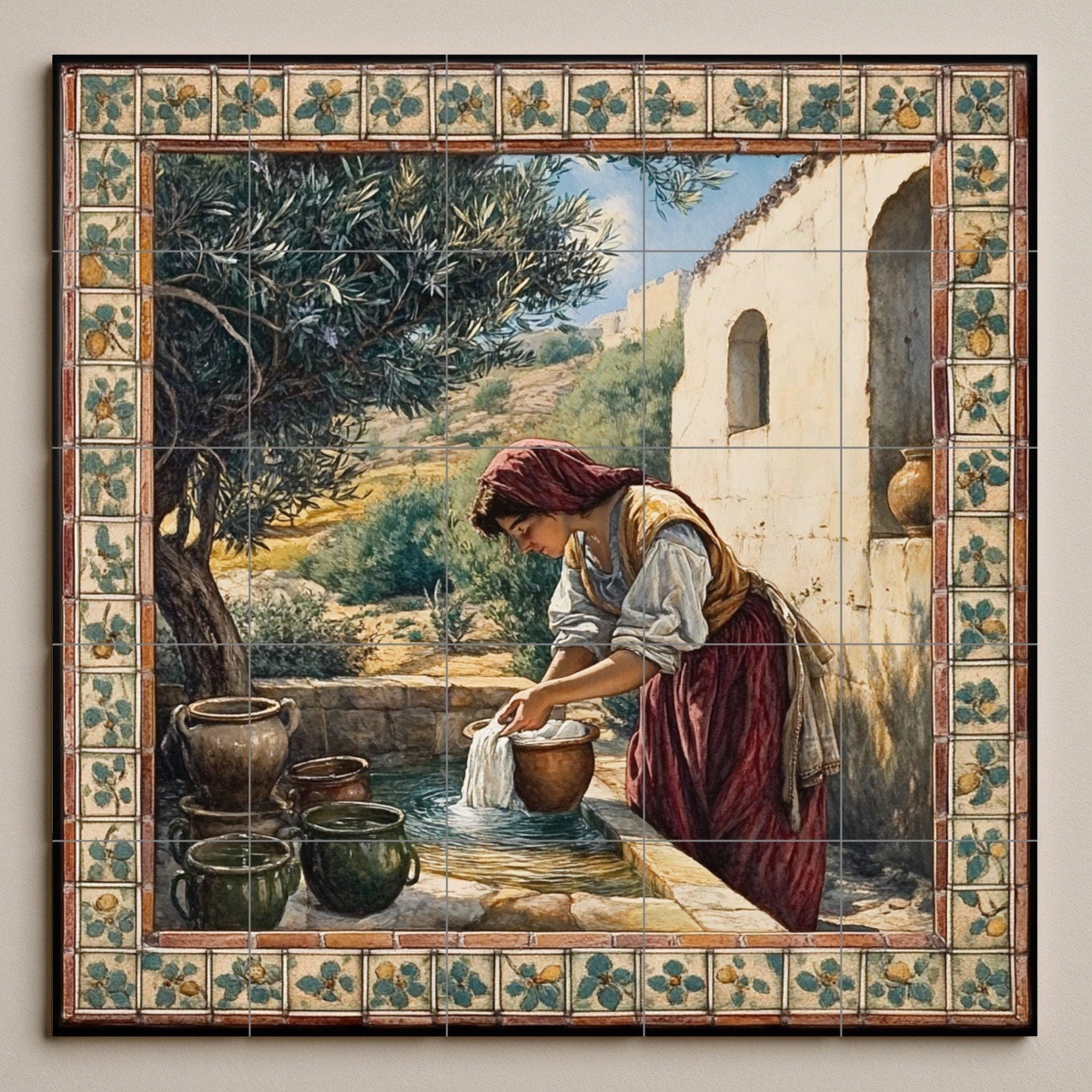 Rustic ceramic mural next to a well: country mosaic with a woman washing a cloth, an olive tree, clay pots, a stone wall and a work of art with pastoral-style tiles.
