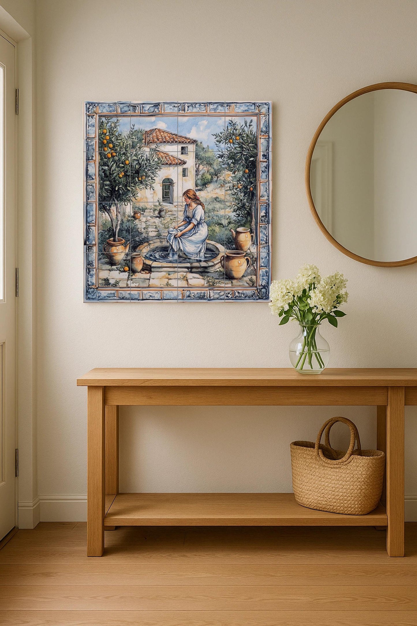 Mediterranean patio ceramic mural: rustic mosaic with woman at a fountain, orange trees, earthenware jars, farmhouse and pastoral style tiles.