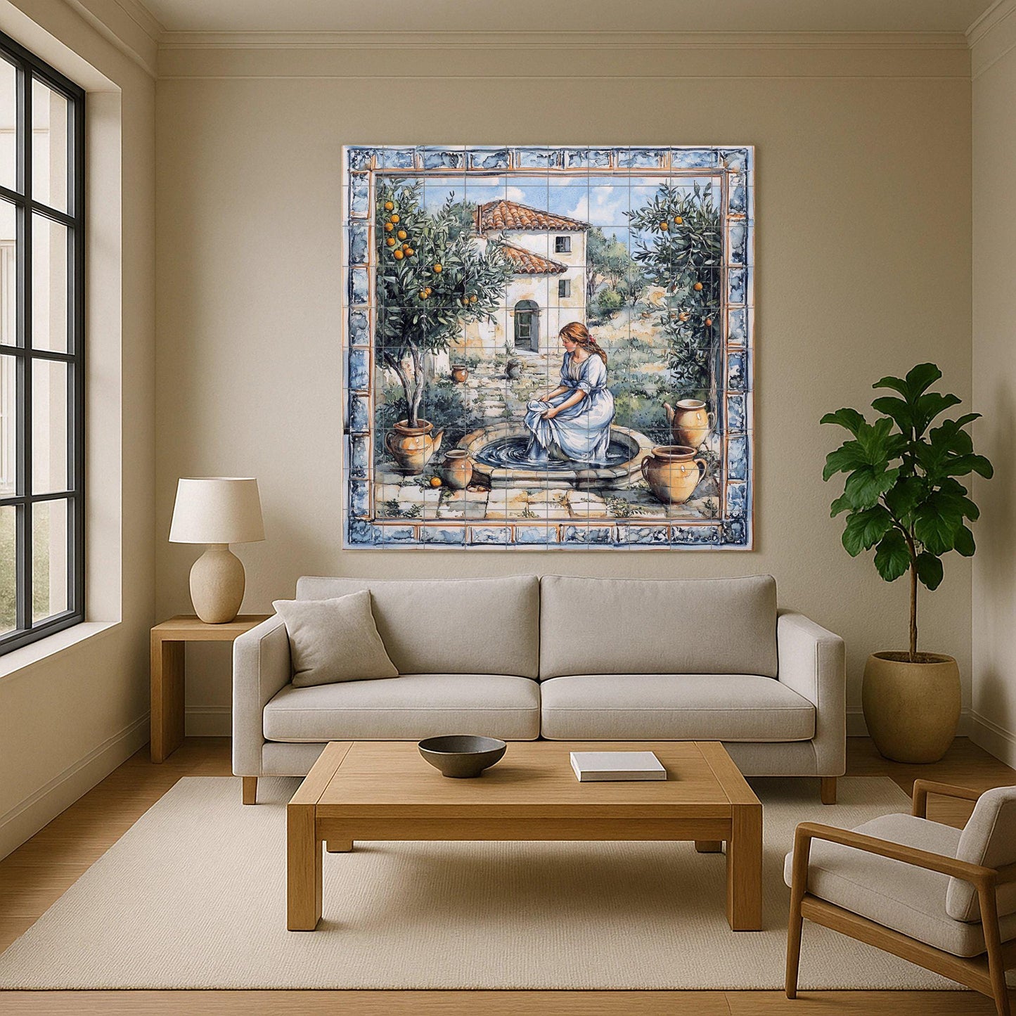 Mediterranean patio ceramic mural: rustic mosaic with woman at a fountain, orange trees, earthenware jars, farmhouse and pastoral style tiles.