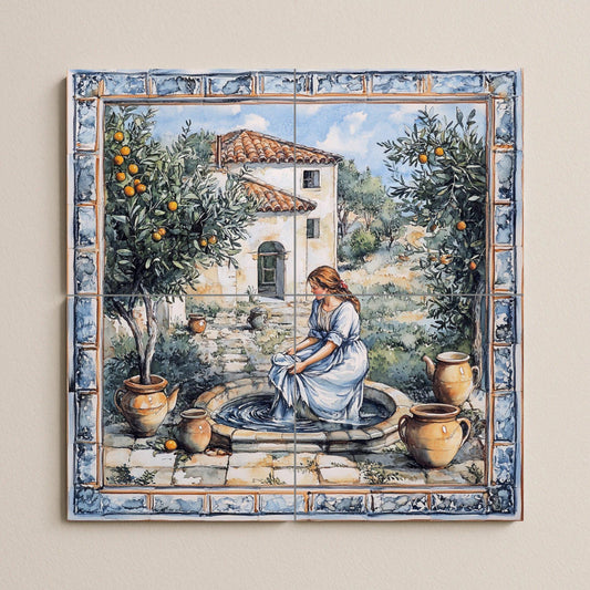 Mediterranean patio ceramic mural: rustic mosaic with woman at a fountain, orange trees, earthenware jars, farmhouse and pastoral style tiles.