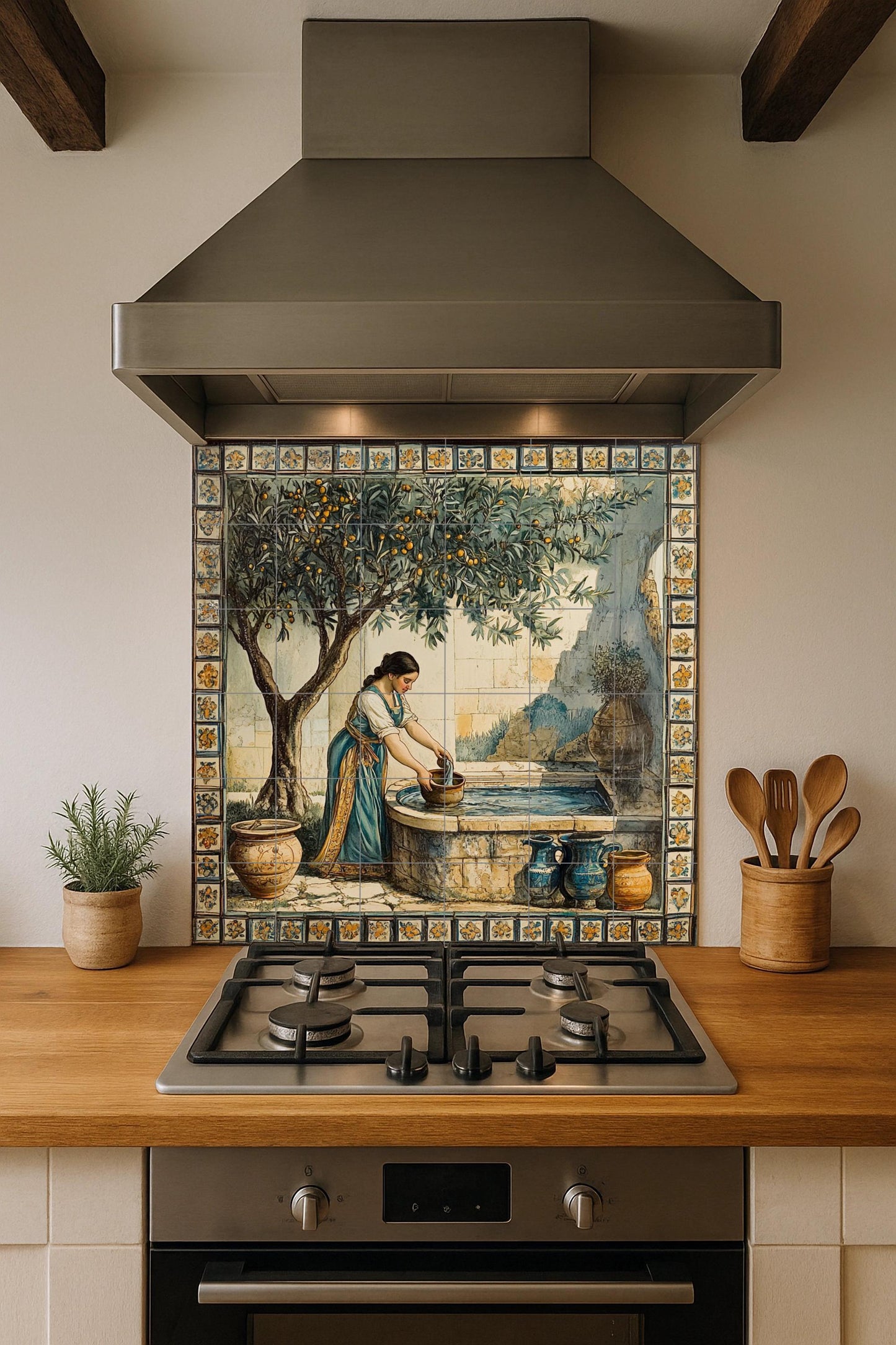 Ceramic mural of a Mediterranean fountain: rustic mosaic with a woman drawing water, an orange tree, earthenware jars, a floral border and timeless style tiles.