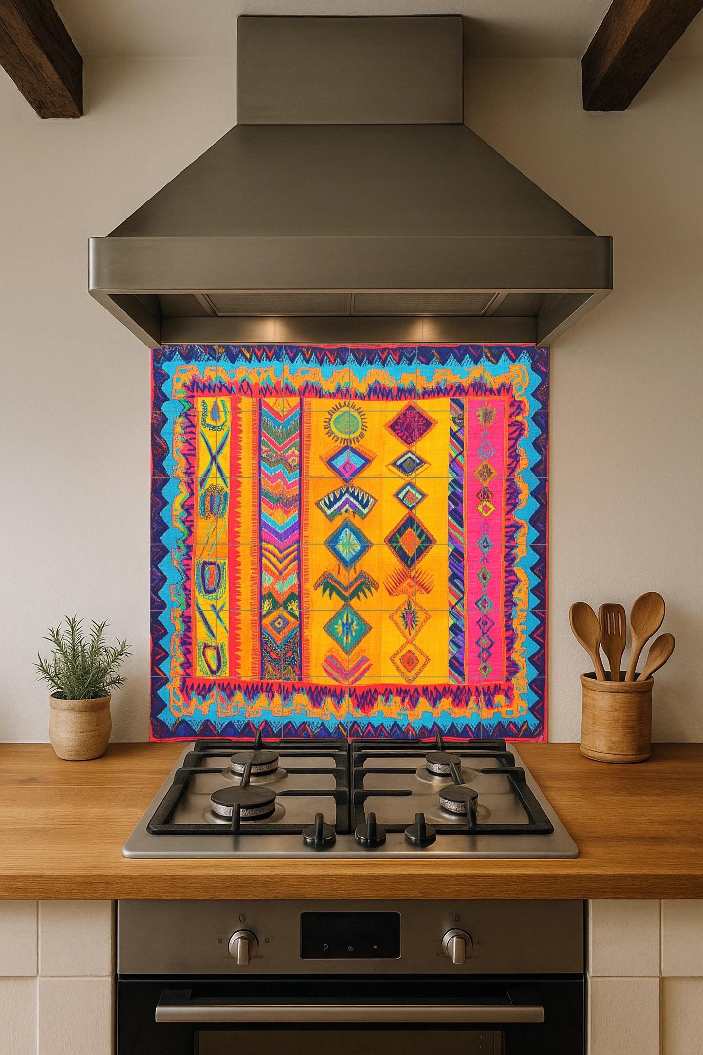 Wayuu ceramic textile mural: vibrant mosaic with tribal symbols, geometric zigzags, a border inspired by backpacks and colorful handcrafted tiles.