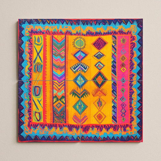 Wayuu ceramic textile mural: vibrant mosaic with tribal symbols, geometric zigzags, a border inspired by backpacks and colorful handcrafted tiles.