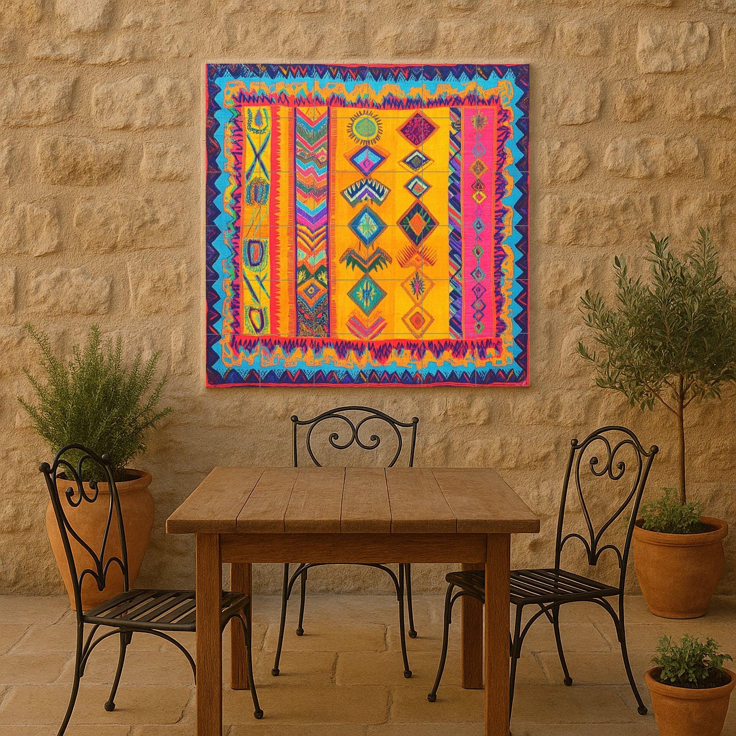Wayuu ceramic textile mural: vibrant mosaic with tribal symbols, geometric zigzags, a border inspired by backpacks and colorful handcrafted tiles.