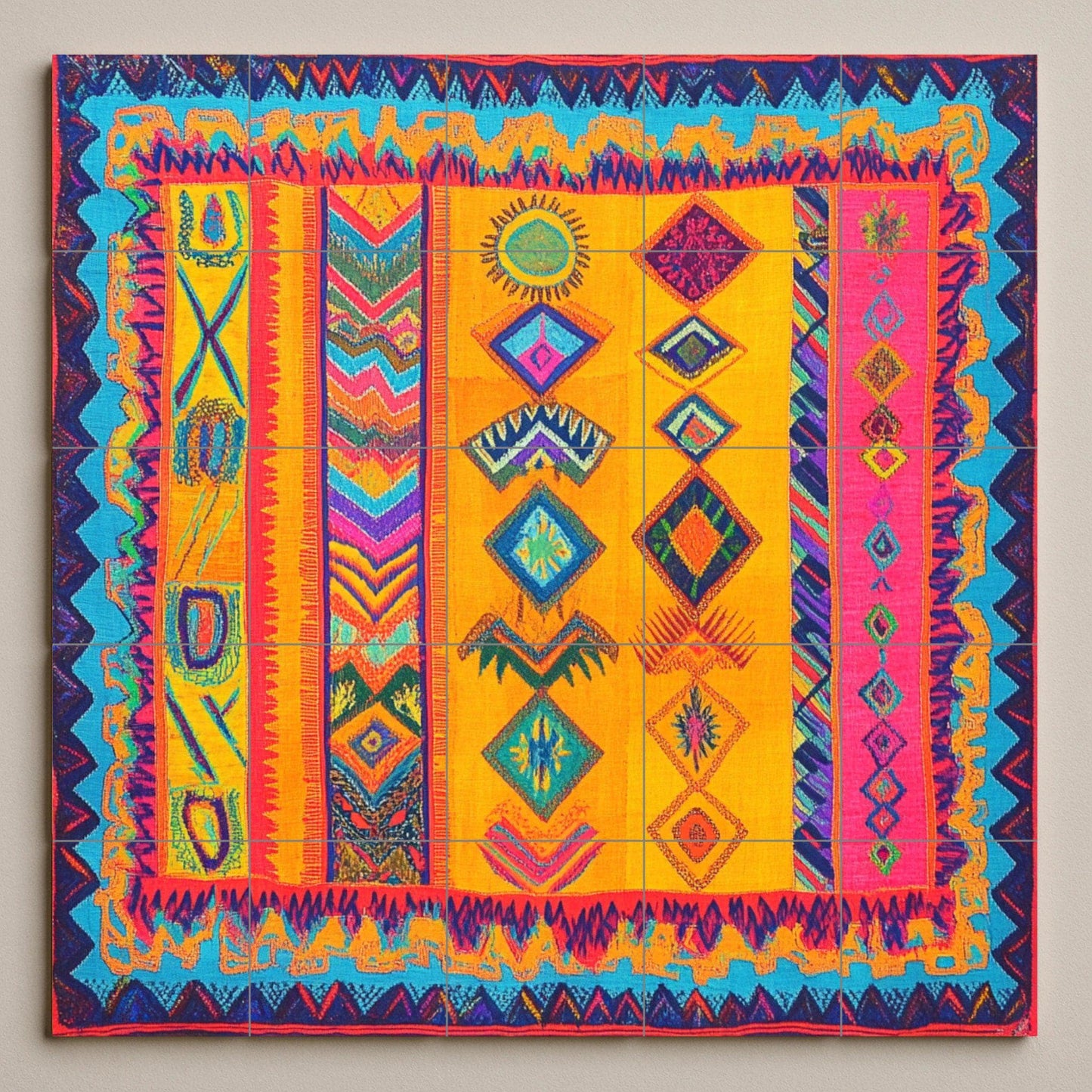 Wayuu ceramic textile mural: vibrant mosaic with tribal symbols, geometric zigzags, a border inspired by backpacks and colorful handcrafted tiles.