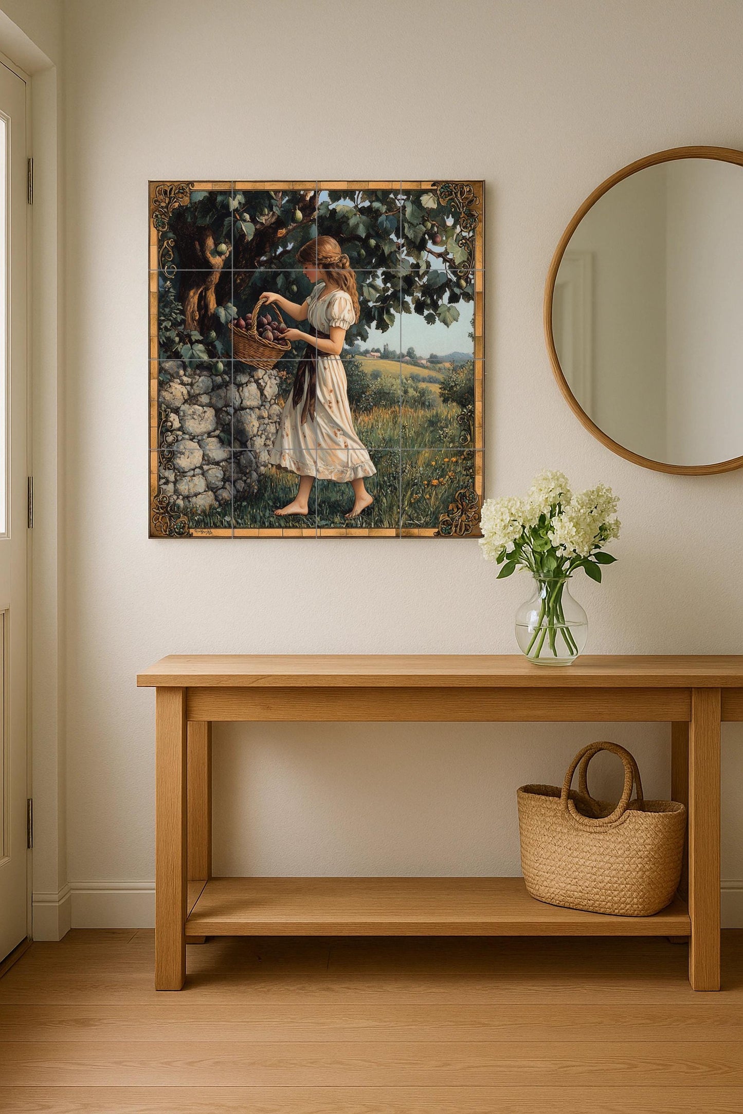 Ceramic mural of the plum harvest: rustic country mosaic with young woman, fruit basket, stone wall, decorative frame and pastoral artwork.