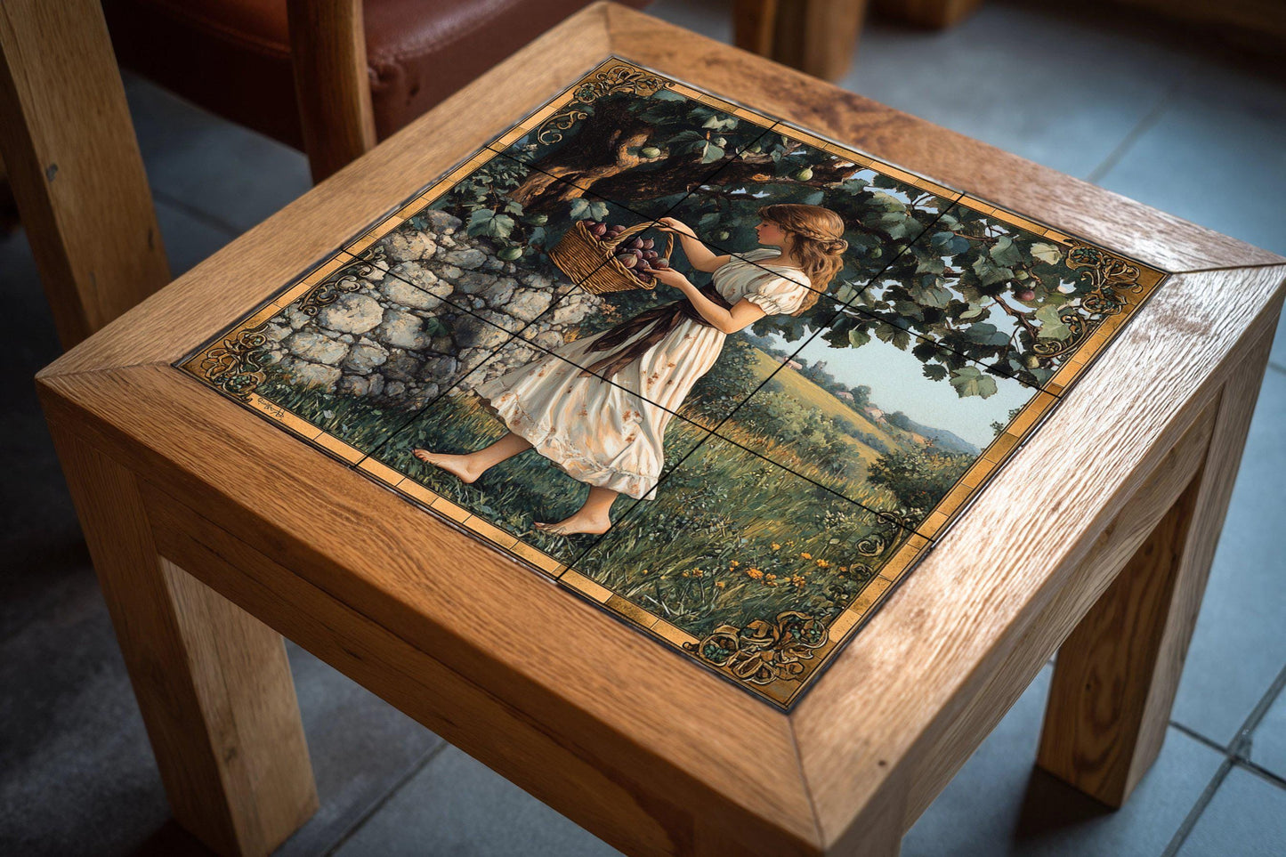 Ceramic mural of the plum harvest: rustic country mosaic with young woman, fruit basket, stone wall, decorative frame and pastoral artwork.