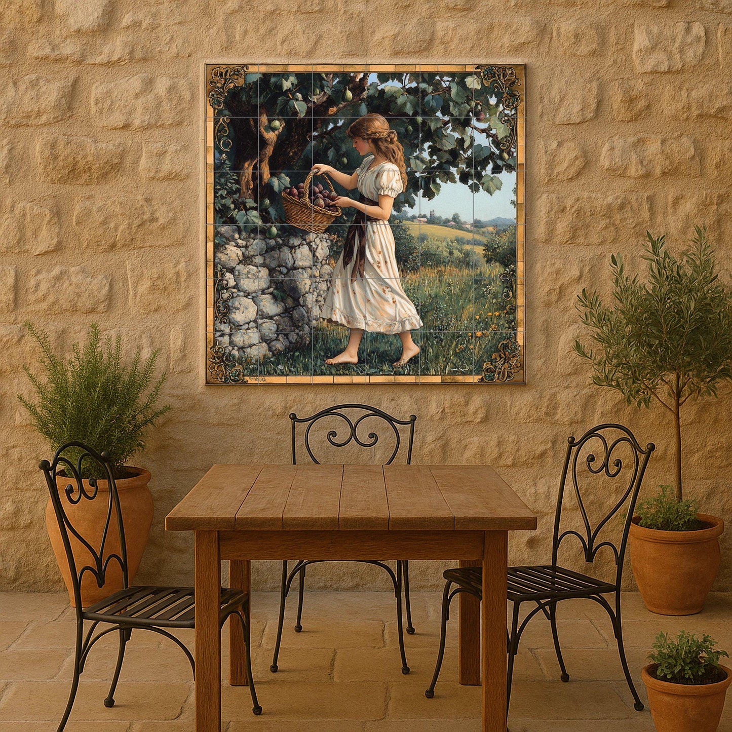 Ceramic mural of the plum harvest: rustic country mosaic with young woman, fruit basket, stone wall, decorative frame and pastoral artwork.